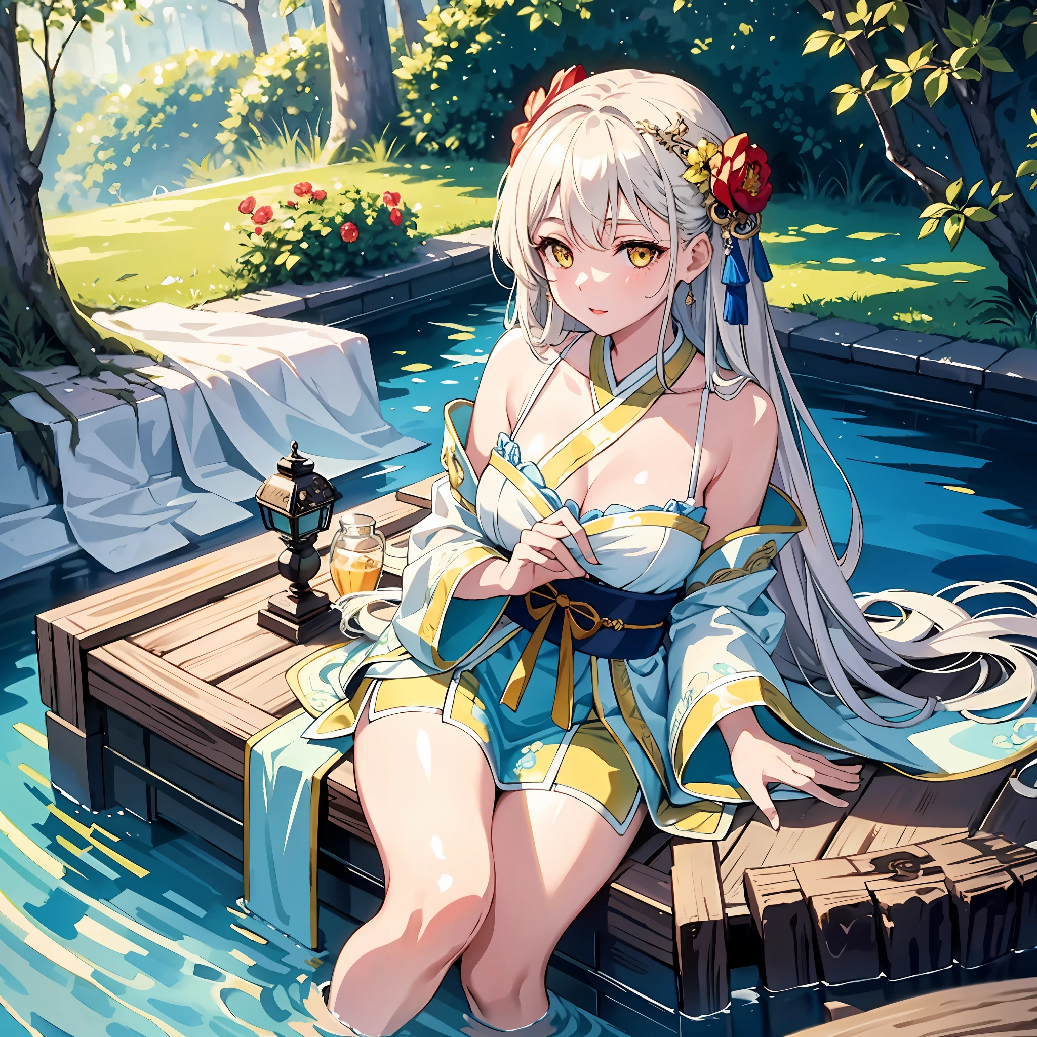 Highest Quality, Natural Lighting, High Resolution, Original, Ethereal Beauty, Seductive Gaze, Charming Poses, Otherworldly Charm, Very Detailed Wallpapers, Very Detailed Illustrations, (1 Girl), Charming Beautiful Gorgeous Woman, Perfect female body, beautiful eyes, (delicate face), (seductive expression), yellow eyes, influence, (beautiful details water: 1.4), (Hanfu, Tang style), red lips, (glass jar Girls in: 1.1),