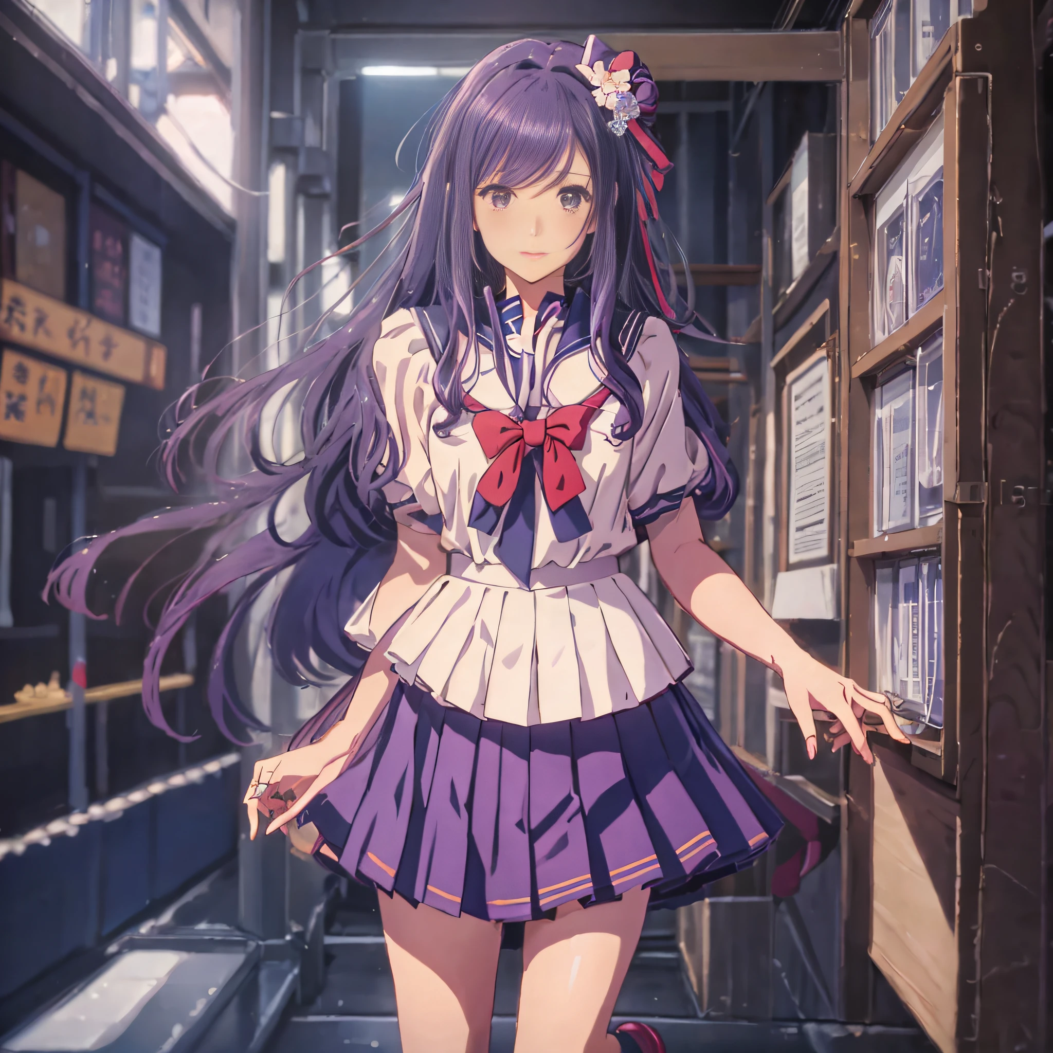 1girl, Purple hair, Hair ornament, Sailor suit, Floating hair, Dark blue pleated skirt, Ruch, Kyoto, High definition, 8K, 4K, High Definition, Anime