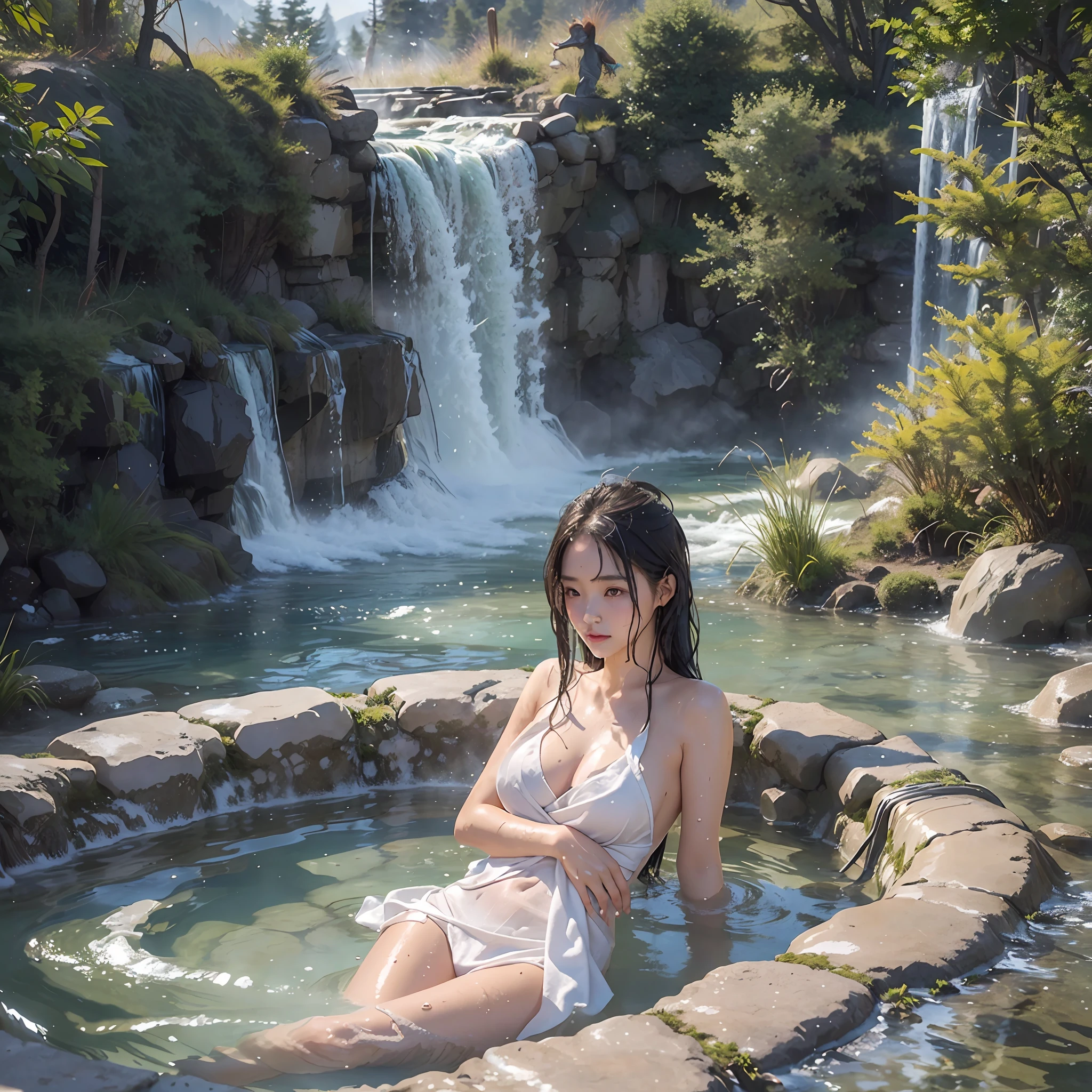 8k, Top Quality, (Beauty), High Definition, Realistic, Real Person, Young and Pretty Single Girl, (Naked Towel), (Geyser, Hot Spring:1.2), Moist Skin, (Mist:1.2), Mist, Glossy Skin, (Partially Submerged in Hot Spring Bath:1.2), (Wet Hair:1.2), Mist, Wet, Moisturize, Beautiful Japan Mountains and Lakes,