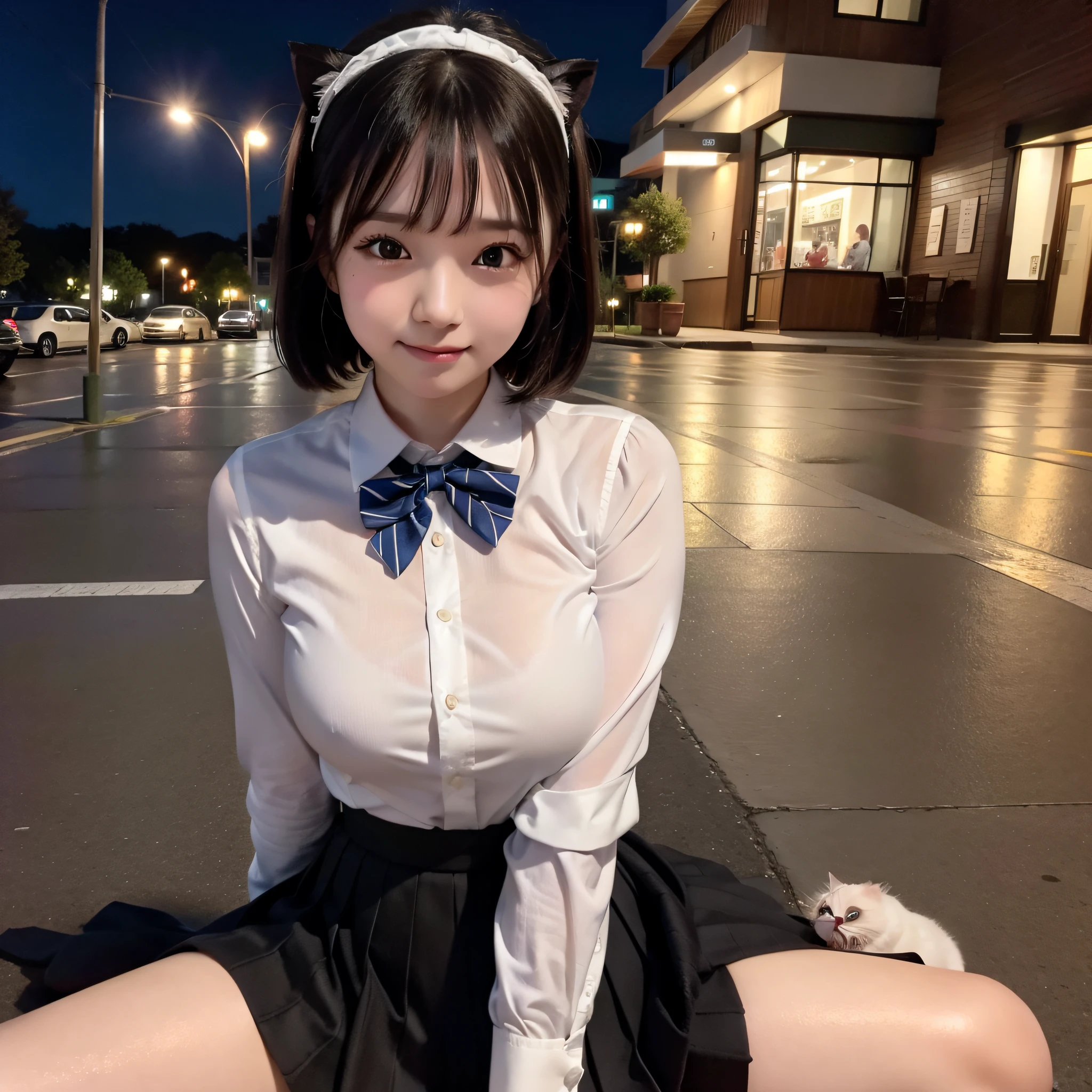 There is a woman who is on the street with a purse, petting white cat, Ulzzang, (8k, RAW photo, best quality, masterpiece: 1.2), (realistic, photo-realistic: 1.37), ultra-detailed, 1 girl, cute, solo, beautiful detailed sky, detailed coffee, night, sitting, dating, (flushed nose), (smile: 1.1), (closed mouth), medium breasts, beautiful detailed eyes, (collared shirt: 1.1), bow tie, pleated skirt,