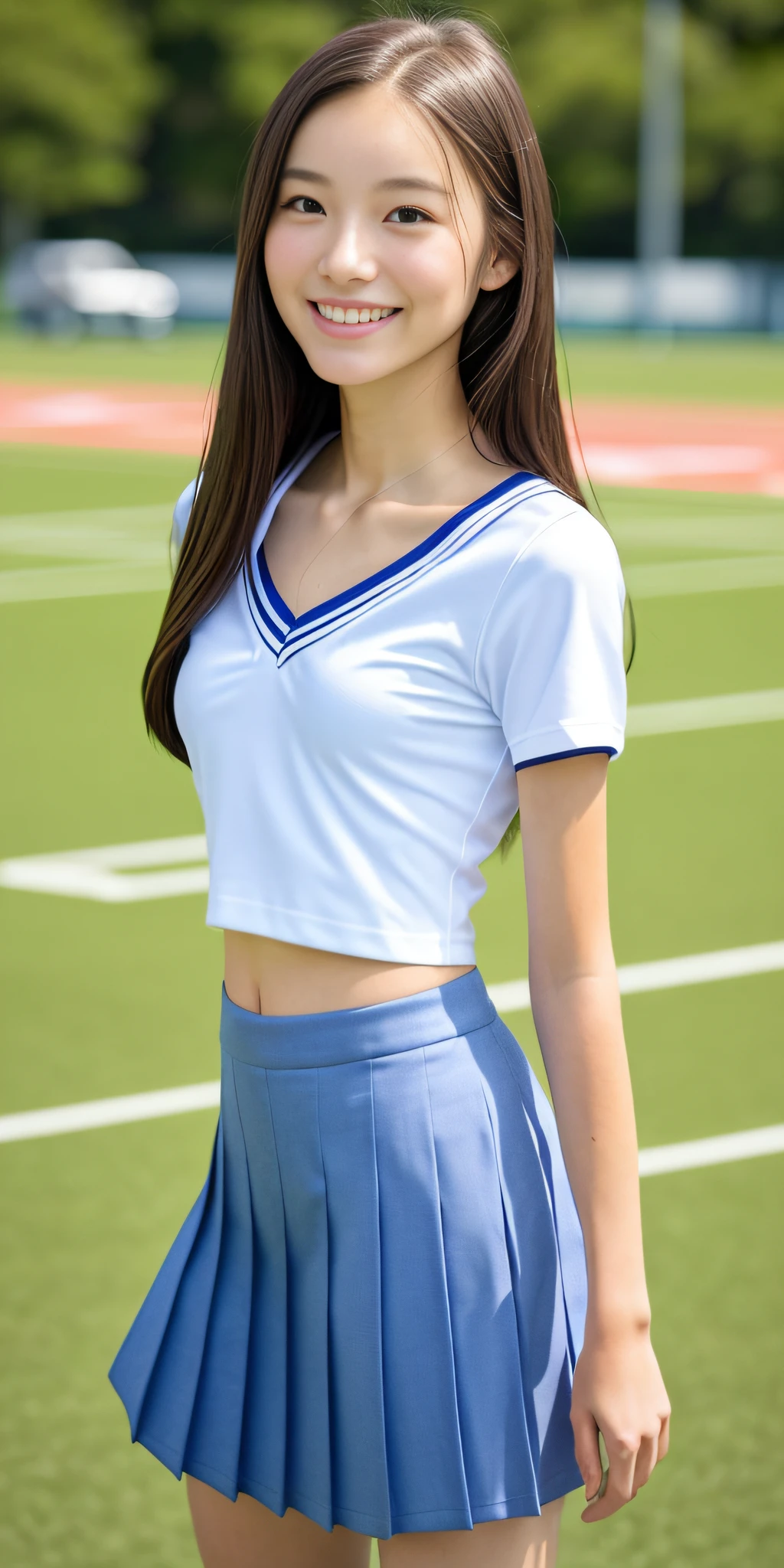 neat college girl, petite, (school uniform, Y-shirt, summer clothes), outside the athletic field, (slim), photorealistic, detail, skin texture, ultra detail, delicate and sexy collarbone, smile, super detailed face, detailed lips, detailed eyes, double eyelids, small breasts, small breasts, small, flat breasts, breast enhancement