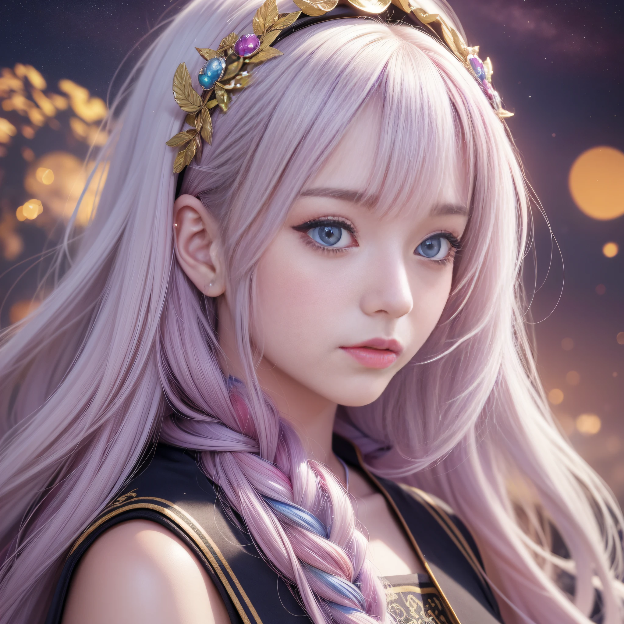 HD 4K, 8k, film wind, mild sunlight, color ink painting 50, sweet style, close-up of a woman with long hair, colorful hair, kawaii realistic portrait, upper body portrait, waist above photo, front face photo, colorful braid, realistic hair, beautiful anime style, pure white background, white short sleeves, on clothes Simple pattern, realistic anime art style, beautiful anime portrait, realistic anime art style, anime style. Stunning anime face portraits, colorful]", vibrant fantasy style, cute art style, vibrant realistic colors, anime realism style, beautiful anime girls with characters as core, digital art, realistic style, live-action CG, colorful headband,