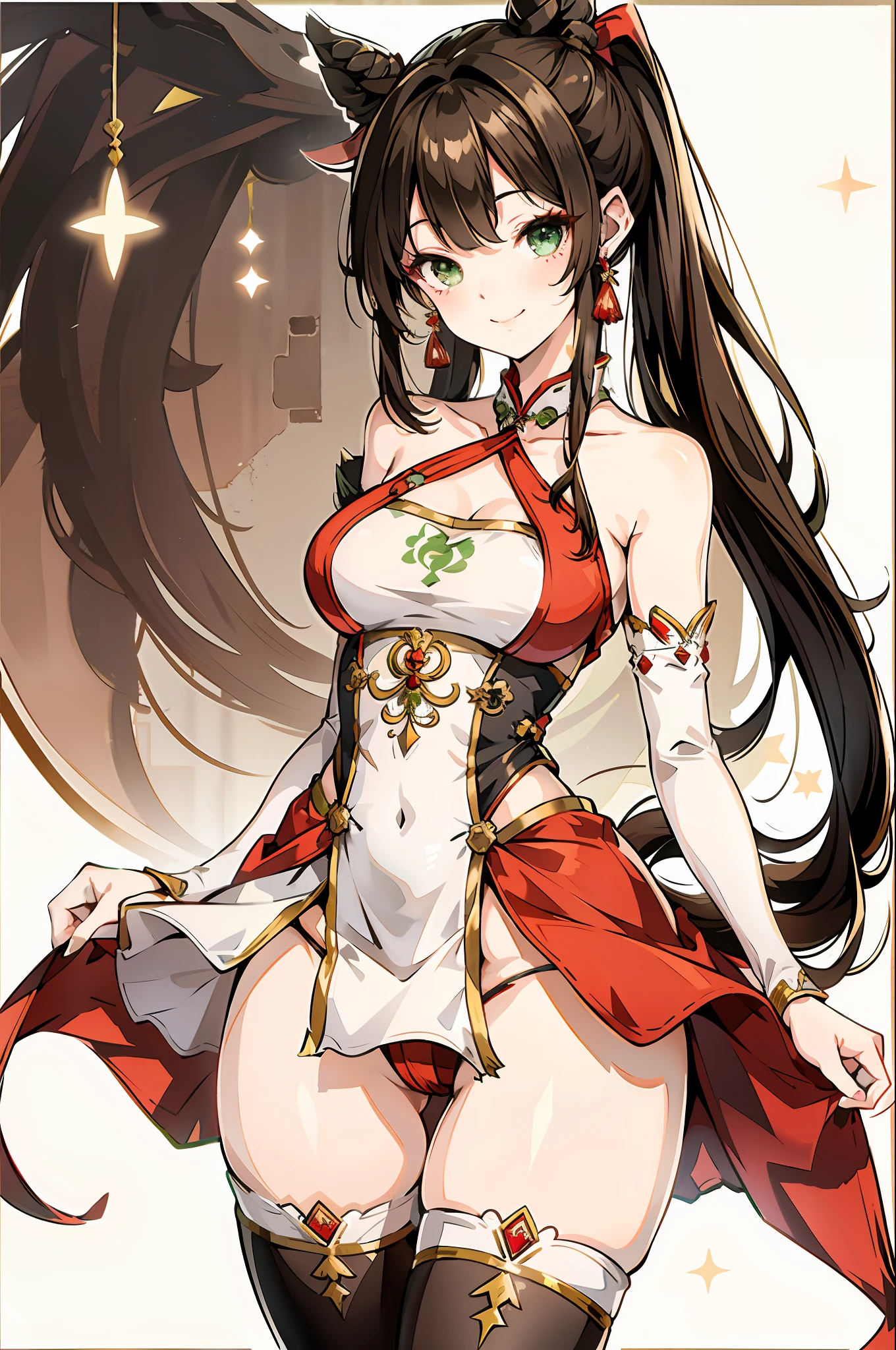1girl, tingyun, honkai star rail, green eyes, bare shoulders, jewerly, ponytail, medium hair, brown hair, dress, large breasts, detached sleeves, standing, smile, tail, white+red Chinese dress, ears down, pantyhose, stockings, Algeria flag holding, raising algerian flag