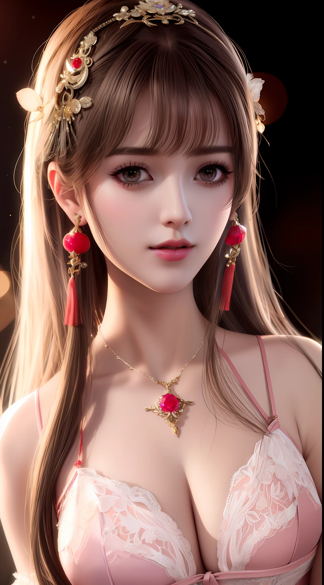 best quality, masterpiece, highres, 1girl, red china thin lace lingerie , hair ornament, necklace, jewelry, Beautiful face, upon_body, tyndall effect, photorealistic, dark studio, rim lighting, two tone lighting, (high detailed skin:1.2), 8k uhd, dslr, soft lighting, high quality, volumetric lighting, candid, Photograph, high resolution, 4k, 8k, Bokeh, medium breasts, (light pink lips),