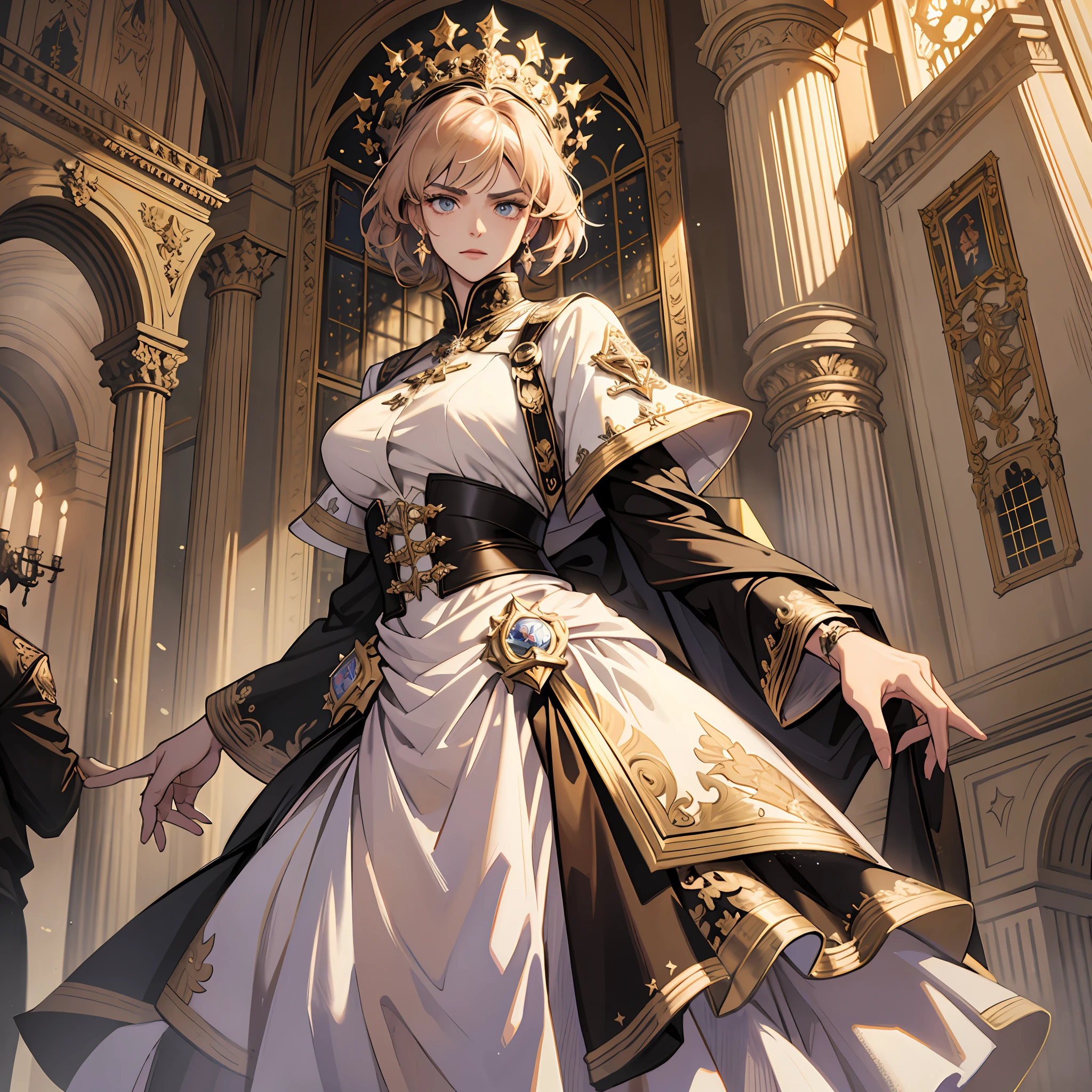 Masterpiece, Excellent, (Office: 1.8), CG drawing with super high detail, standing, 1 royal sister, angry, a woman with short tan hair, layered dress, hands crossed at waist, facing the audience, illustration, wide angle panorama