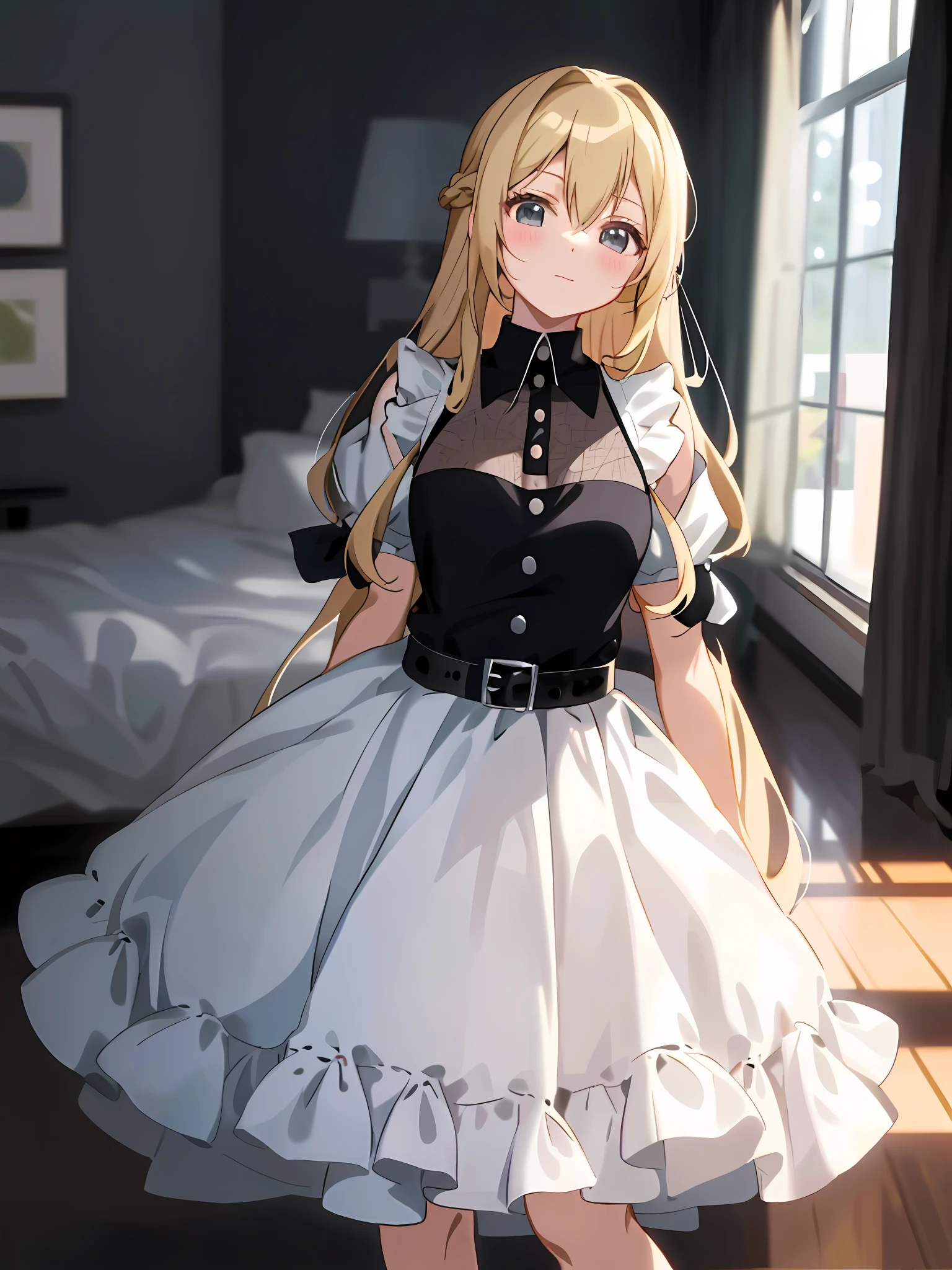 anime - style girl in a white dress and black top posing for a picture, loli in dress, cute anime waifu in a nice dress, anime girl wearing a black dress, blonde anime girl with long hair, beautiful anime girl, anime girl in a maid costume, anime best girl, maid outfit, smooth anime cg art, pretty anime girl