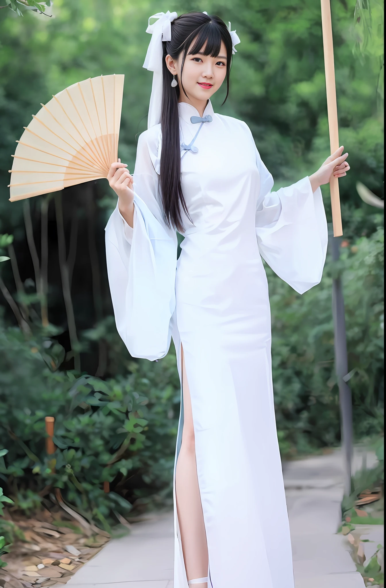 arafed woman in a white dress holding a fan and smiling, white hanfu, palace ， a girl in hanfu, with acient chinese clothes, wearing ancient chinese clothes, hanfu, traditional chinese clothing, chinese costume, full body xianxia, chinese girl, chinese dress, long flowing white robe, ancient chinese princess, traditional chinese, chinese style