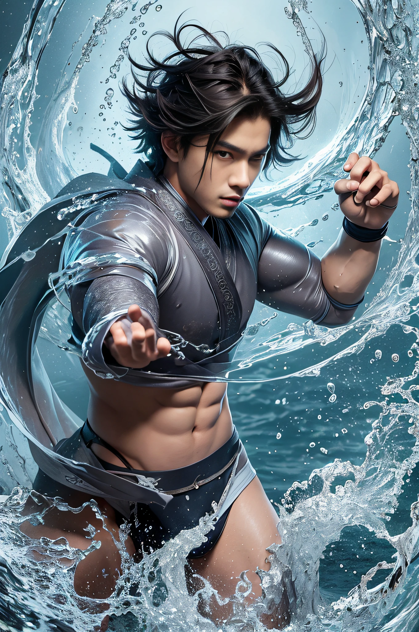 Best quality, masterpiece, super high resolution, hanfu, jade water book, black hair, water, waves, crashing waves, spells, fa gong, (absurd, high resolution, super detailed), Asian, 1 male, eighteen-year-old boy, handsome, tall muscular man, broad shoulders, very short hair, bottom cut, dark brown eyes, fine eyes and detailed face, extremely detailed CG Unity 8k wallpaper, intricate details, (Style Swirl Magic: 0.7), Looking at the Audience, Solo, (Full Body: 0.6), Detailed Background, Detailed Face, (European Medieval Fantasy Theme: 1.1), Hair Fluttering in the Wind, Martial Artist, Dynamic Pose, Fighting Stance, Clenched Fists, Fingerless Gauntlet, Wristband, Dragon-themed Costume, Monk Robe, , Rotating Floating Particles, Dynamic Composition, Upper Body Naked, Big Muscles, White Rubber Pants, ((((crotch bulge))))