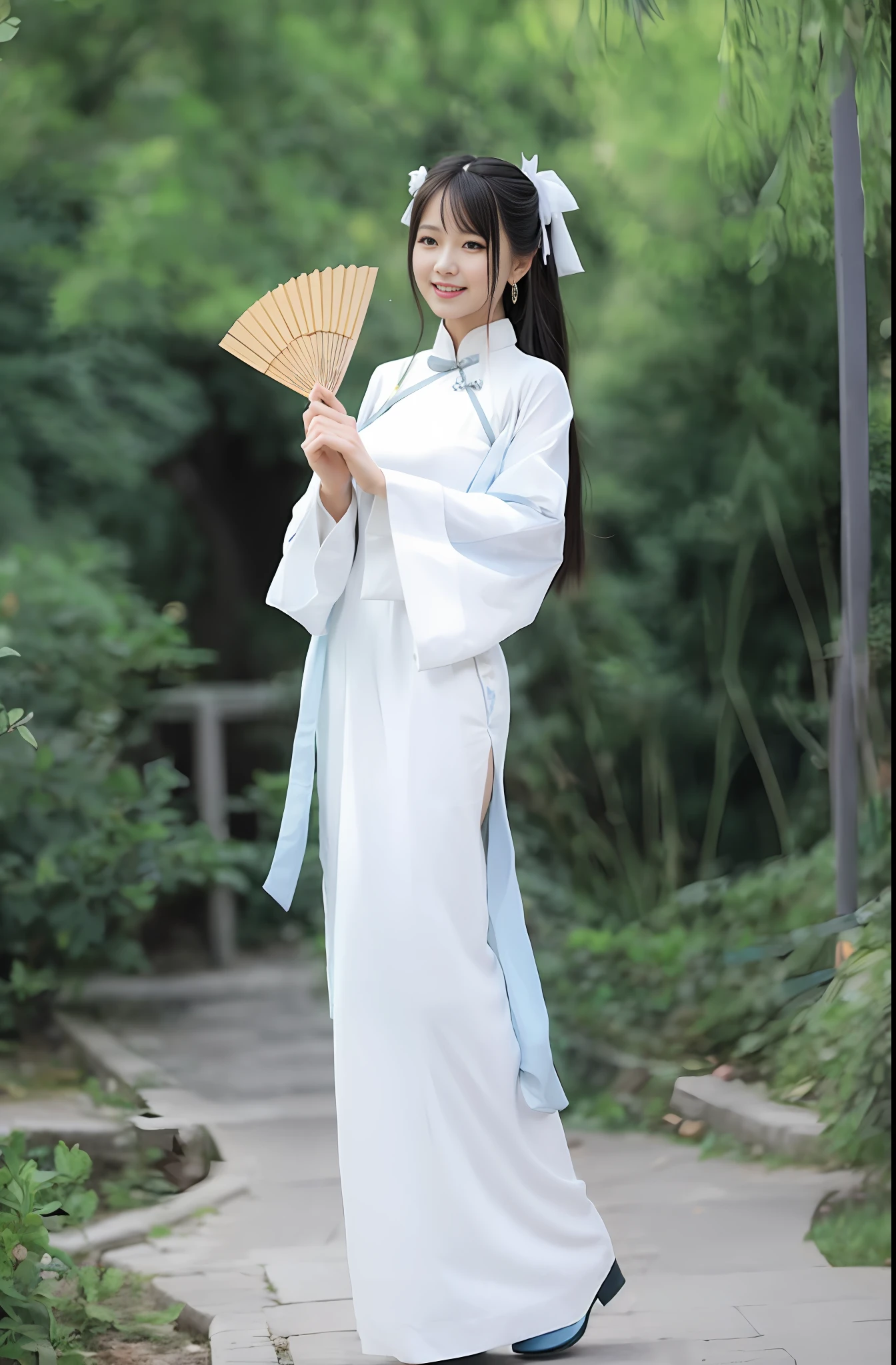 arafed woman in a white dress holding a fan and smiling, white hanfu, palace ， a girl in hanfu, with acient chinese clothes, wearing ancient chinese clothes, hanfu, traditional chinese clothing, chinese costume, full body xianxia, chinese girl, chinese dress, long flowing white robe, ancient chinese princess, traditional chinese, chinese style
