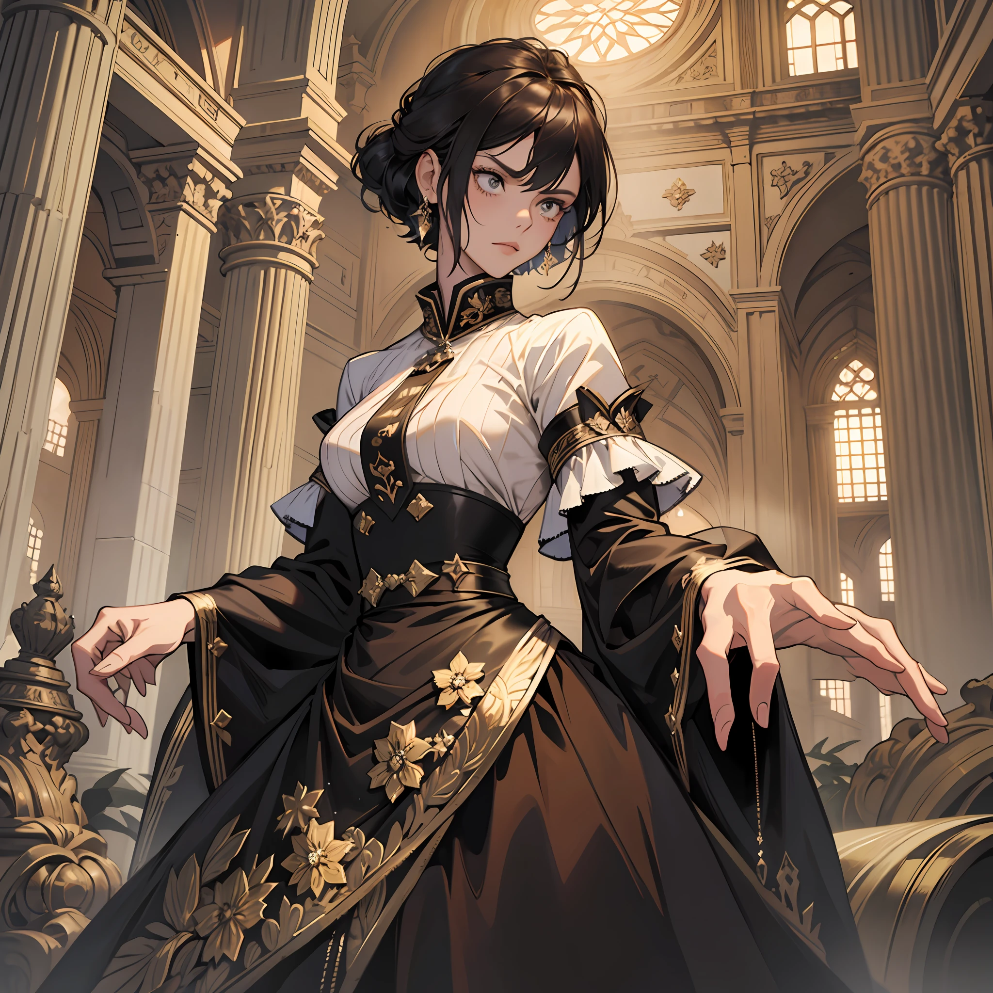 Masterpiece, Excellent, (Office: 1.8), CG drawing with super high detail, standing, 1 royal sister, angry, a woman with short tan hair, layered dress, hands crossed at waist, facing the audience, illustration, wide angle panorama