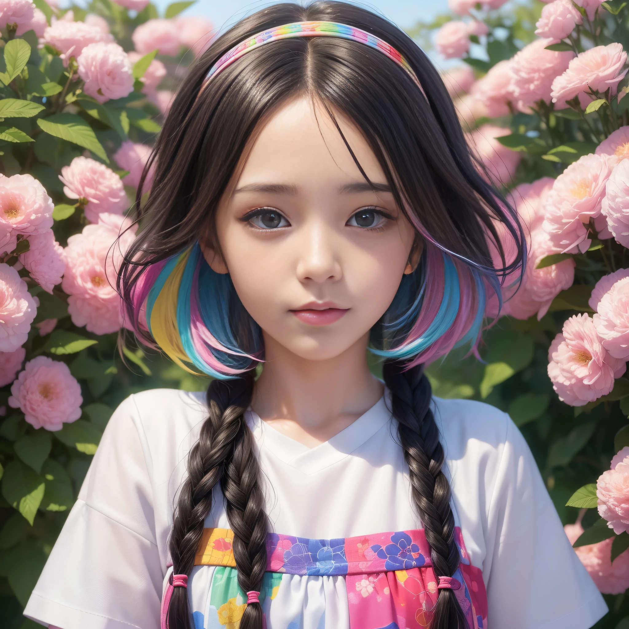 HD 4K, 8K, mild sunshine, sweet style, colorful picture, clean and tidy picture, crystal clear picture sense, (((((beautiful)))), close-up of a woman with short hair, Chinese girl: 20, black pupils: 20, black pupils, colorful hair 60, kawaii realistic portrait, upper body portrait, waist above photo, front face photo, colorful braids, realistic hair, beautiful anime style, pure white background, white short sleeves, On the clothes are simple patterns, realistic anime art style, beautiful anime portrait, realistic anime art style, anime style. [Stunning anime face portrait, colorful]", vibrant fantasy style, cute art style, vibrant realistic colors, anime realism style, beautiful anime girls, characters as core, digital art, realistic style, live-action CG, colorful headband,