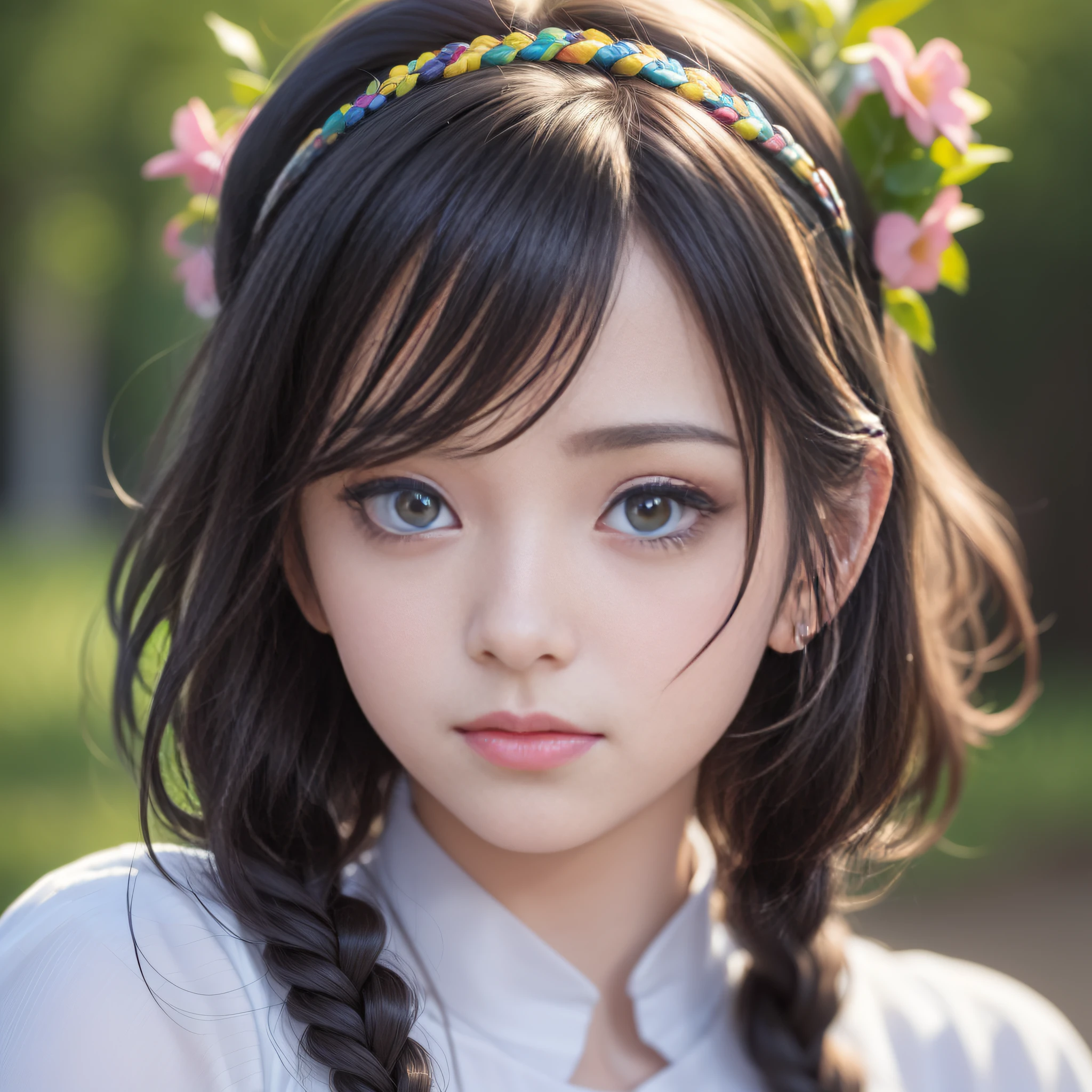 HD 4K, 8K, mild sunshine, sweet style, colorful picture, clean and tidy picture, crystal clear picture sense, (((((beautiful)))), close-up of a woman with short hair, Chinese girl: 20, black pupils: 20, black pupils, colorful hair 60, kawaii realistic portrait, upper body portrait, waist above photo, front face photo, colorful braids, realistic hair, beautiful anime style, pure white background, white short sleeves, On the clothes are simple patterns, realistic anime art style, beautiful anime portrait, realistic anime art style, anime style. [Stunning anime face portrait, colorful]", vibrant fantasy style, cute art style, vibrant realistic colors, anime realism style, beautiful anime girls, characters as core, digital art, realistic style, live-action CG, colorful headband,