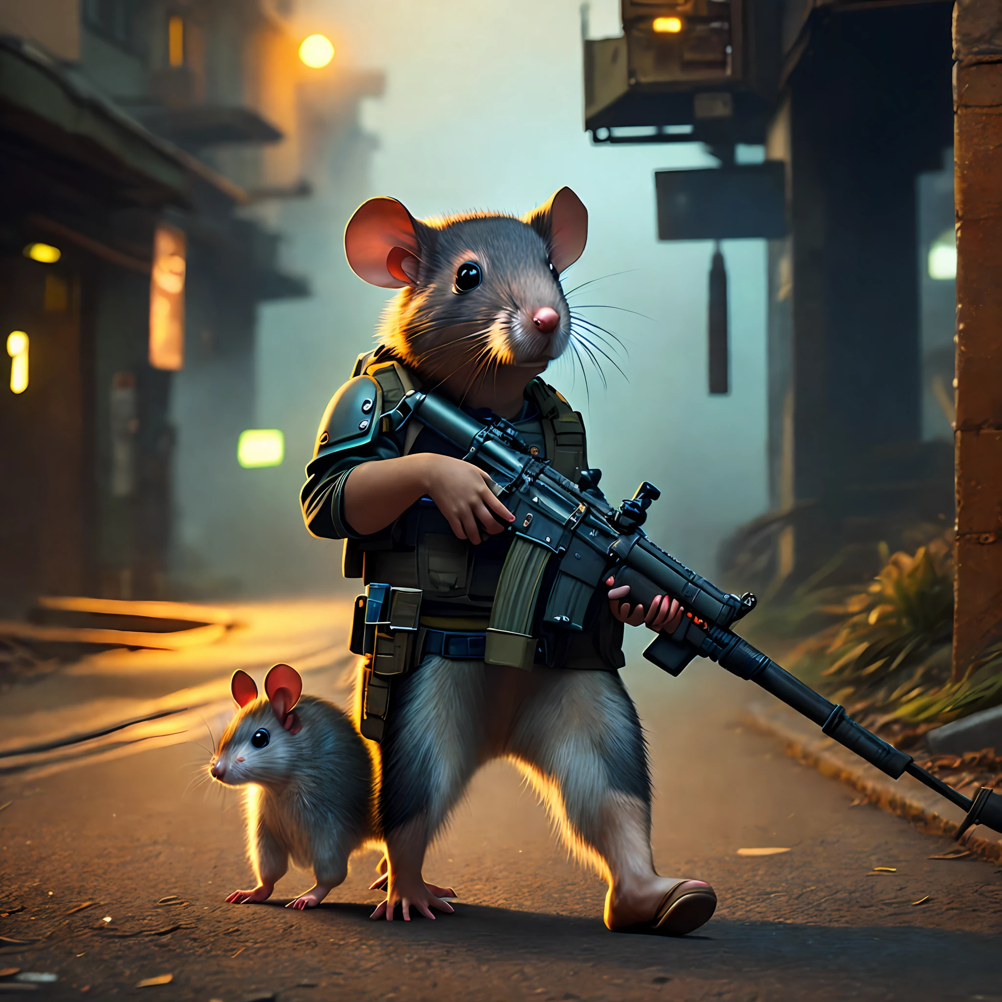 a military rat with a machine gun walking with a by an abandoned street, front view, key lighting, soft lights, foggy, 8 k render, detailed, cute cartoon style, warhammer 40k