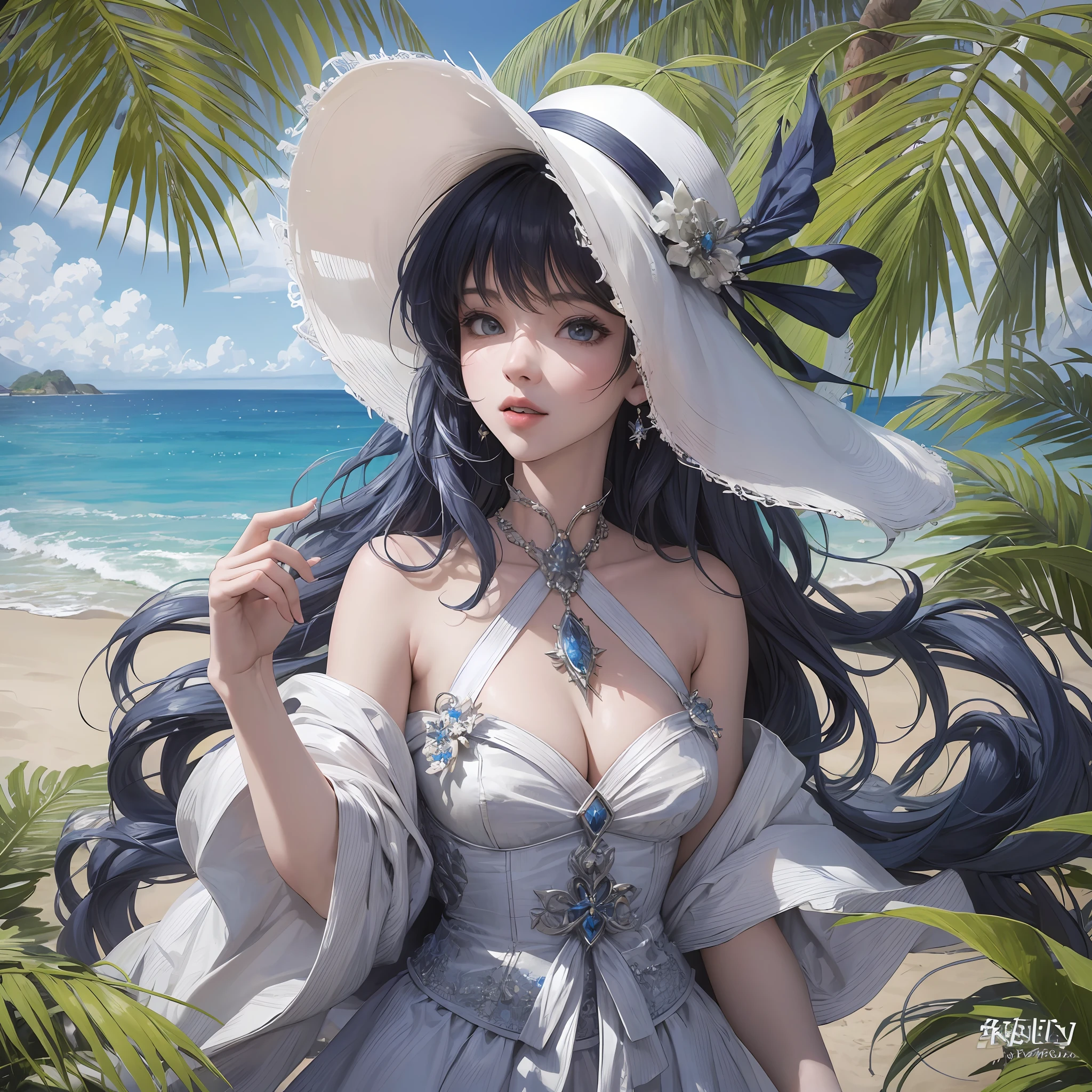 (masterpiece), best quality, ultra-detailed, "clear beach", "pretty girl", dark blue hair, "beach clothing", "dragon horn", white beach hat --auto --s2