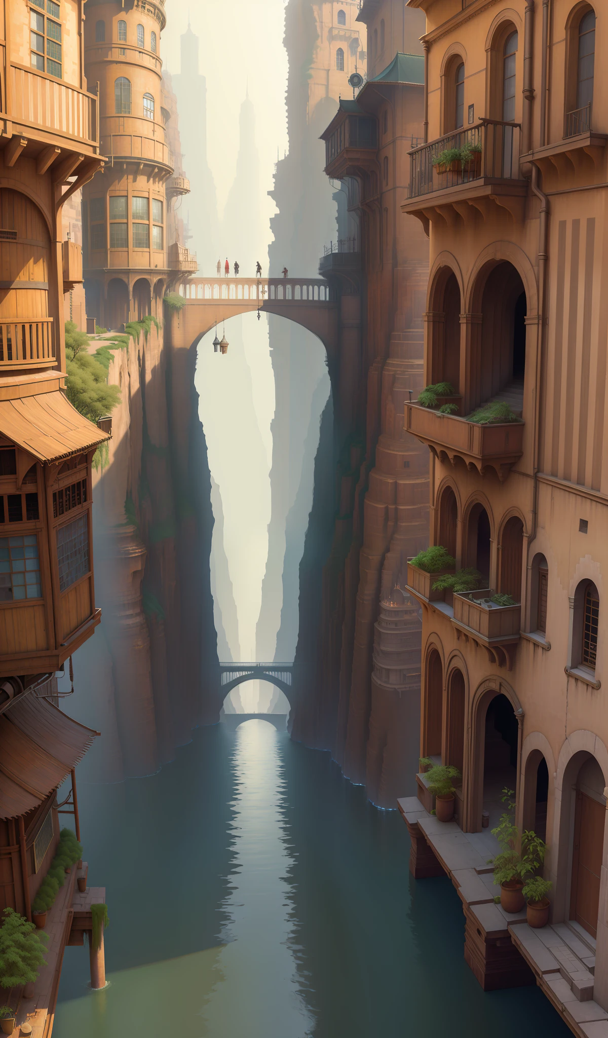 ((masterpiece)),((best quality)),((high detial)),((realistic,)) Industrial age city, deep canyons in the middle, architectural streets, bazaars, Bridges, rainy days, steampunk, European architecture