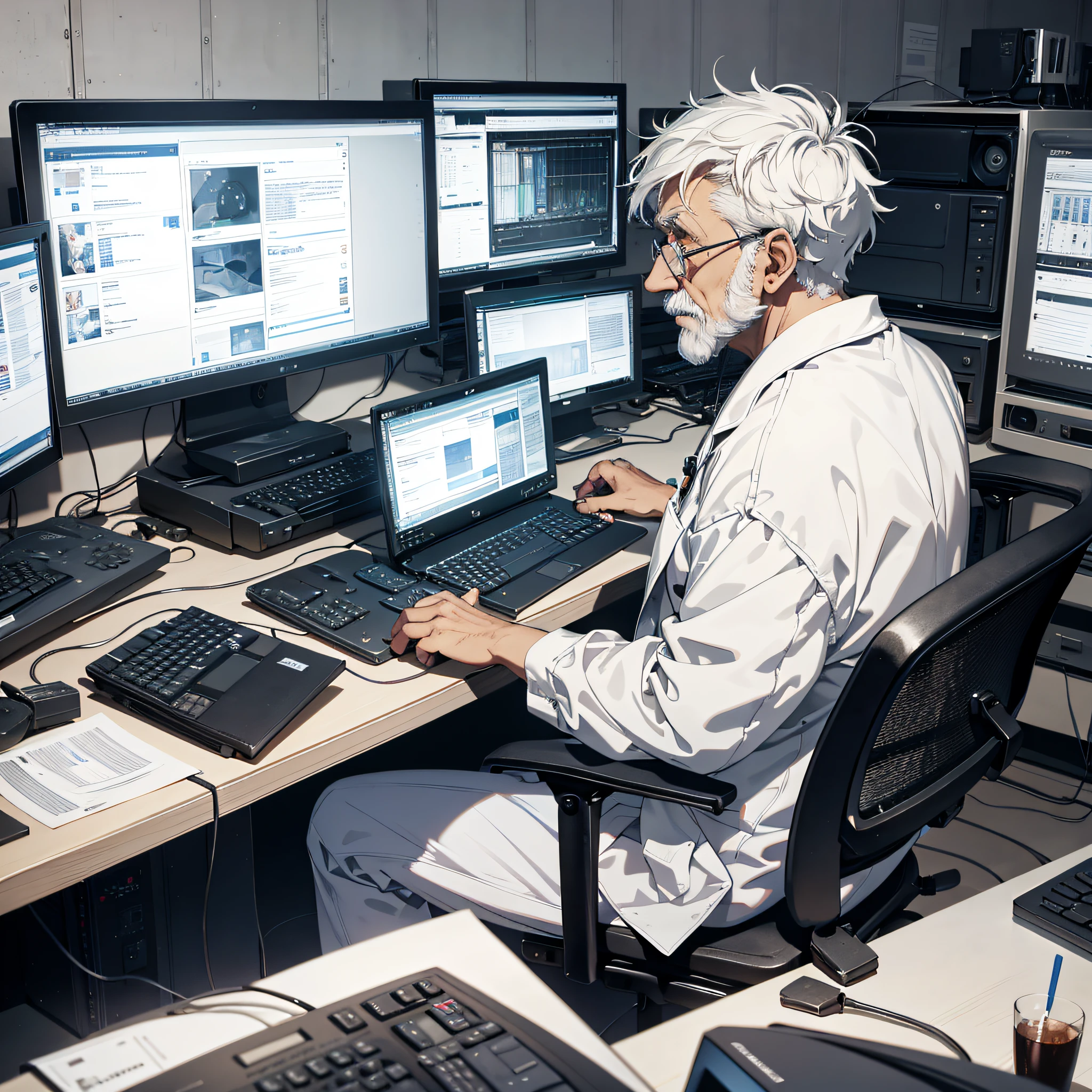 1 old man with short white hair dressed as a scientist, sitting in front of the computer to operate, looking at the computer, the background is a large scientific research institute with many large screens, and his expression is shocked