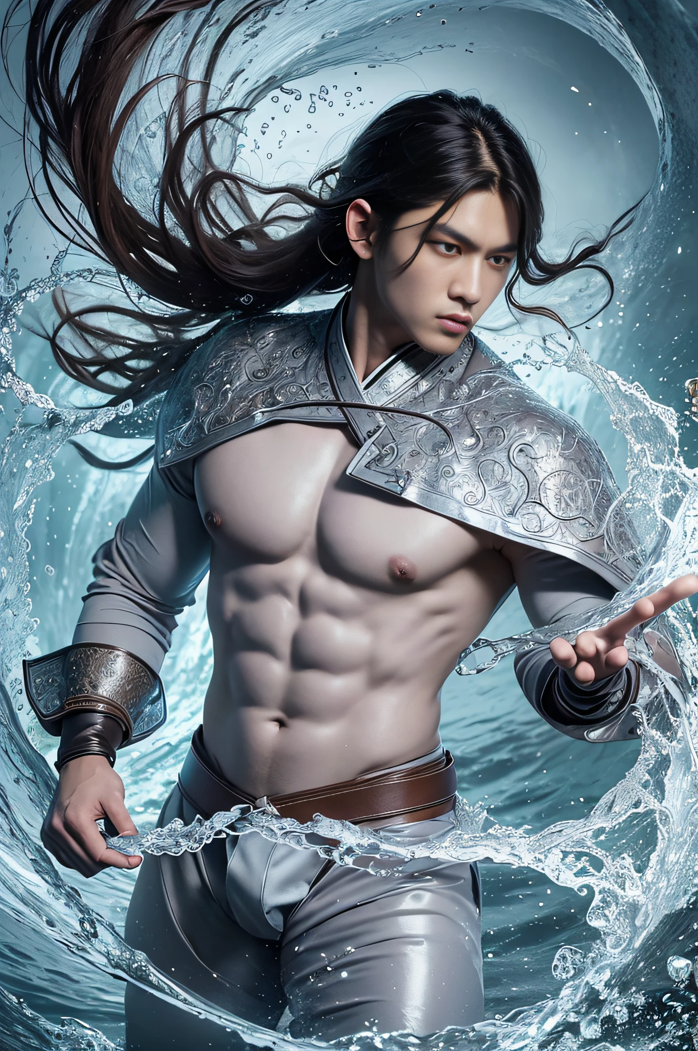 Best quality, masterpiece, super high resolution, hanfu, jade water book, black hair, water, waves, crashing waves, spells, fa gong, (absurd, high resolution, super detailed), Asian, 1 male, eighteen-year-old boy, handsome, tall muscular man, broad shoulders, very short hair, bottom cut, dark brown eyes, fine eyes and detailed face, extremely detailed CG Unity 8k wallpaper, intricate details, (Style Swirl Magic: 0.7), Looking at the Audience, Solo, (Full Body: 0.6), Detailed Background, Detailed Face, (European Medieval Fantasy Theme: 1.1), Hair Fluttering in the Wind, Martial Artist, Dynamic Pose, Fighting Stance, Clenched Fists, Fingerless Gauntlet, Wristband, Dragon-themed Costume, Monk Robe, , Rotating Floating Particles, Dynamic Composition, Upper Body Naked, Big Muscles, White Rubber Pants, ((((crotch bulge))))