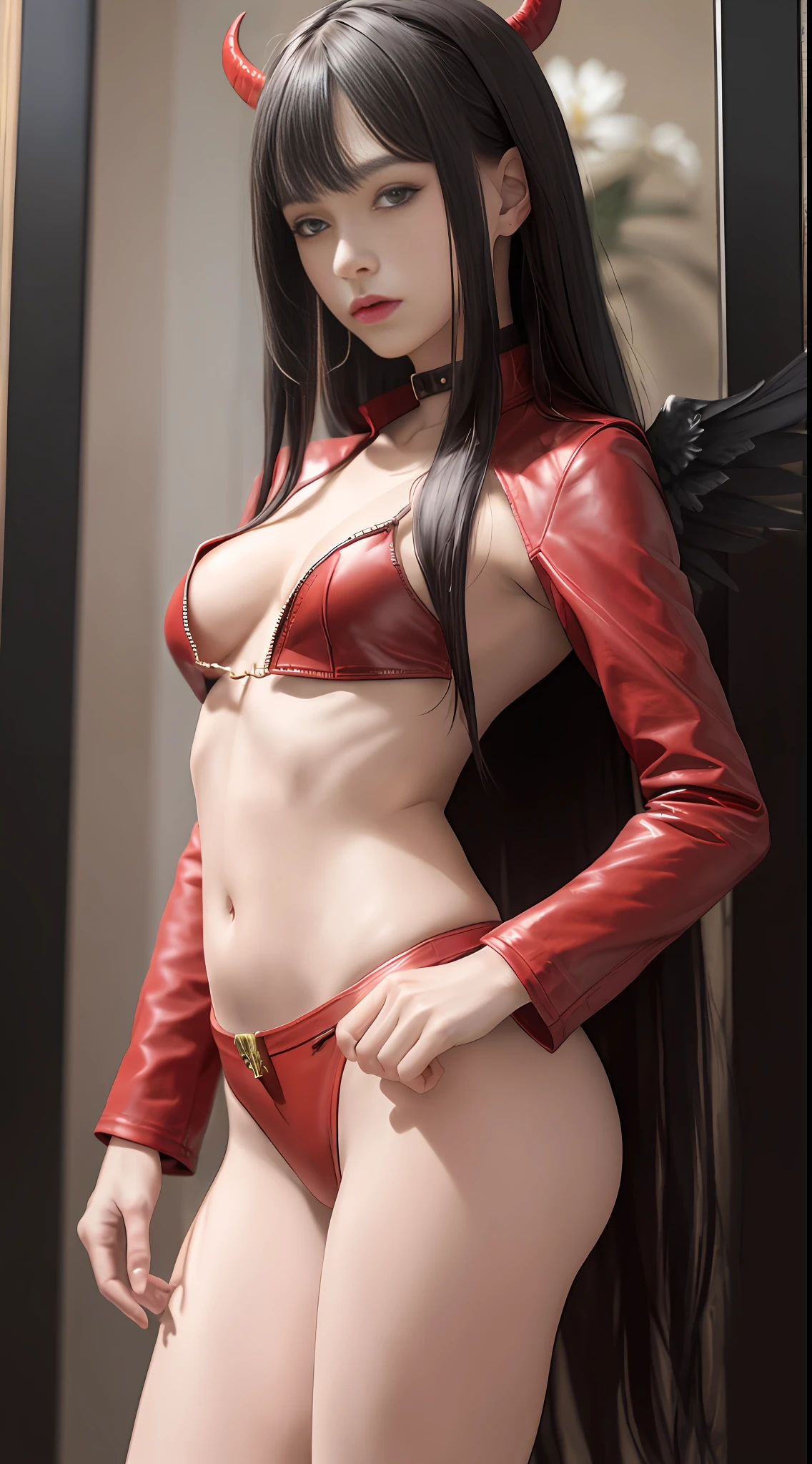 Master painting, 8K quality, master painting, 8K quality, small breast, demon wings, red leather jacket, long black hair, slender body, open chest, long legs, ((exposed)) fleshy