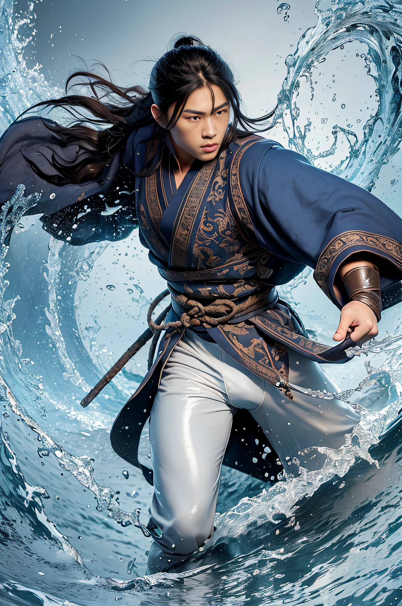 Best quality, masterpiece, super high resolution, hanfu, jade water book, black hair, water, waves, crashing waves, spells, fa gong, (absurd, high resolution, super detailed), Asian, 1 male, eighteen-year-old boy, handsome, tall muscular man, broad shoulders, very short hair, bottom cut, dark brown eyes, fine eyes and detailed face, extremely detailed CG Unity 8k wallpaper, intricate details, (Style Swirl Magic: 0.7), Looking at the Audience, Solo, (Full Body: 0.6), Detailed Background, Detailed Face, (European Medieval Fantasy Theme: 1.1), Hair Fluttering in the Wind, Martial Artist, Dynamic Pose, Combat Stance, Clenched Fists, Fingerless Gauntlet, Wristband, Dragon-themed Costume, Monk Robe, Rotating Floating Particles, Dynamic Composition, Upper Body Naked, Big Muscles, White Rubber Pants, ((((Crotch Bulge)))