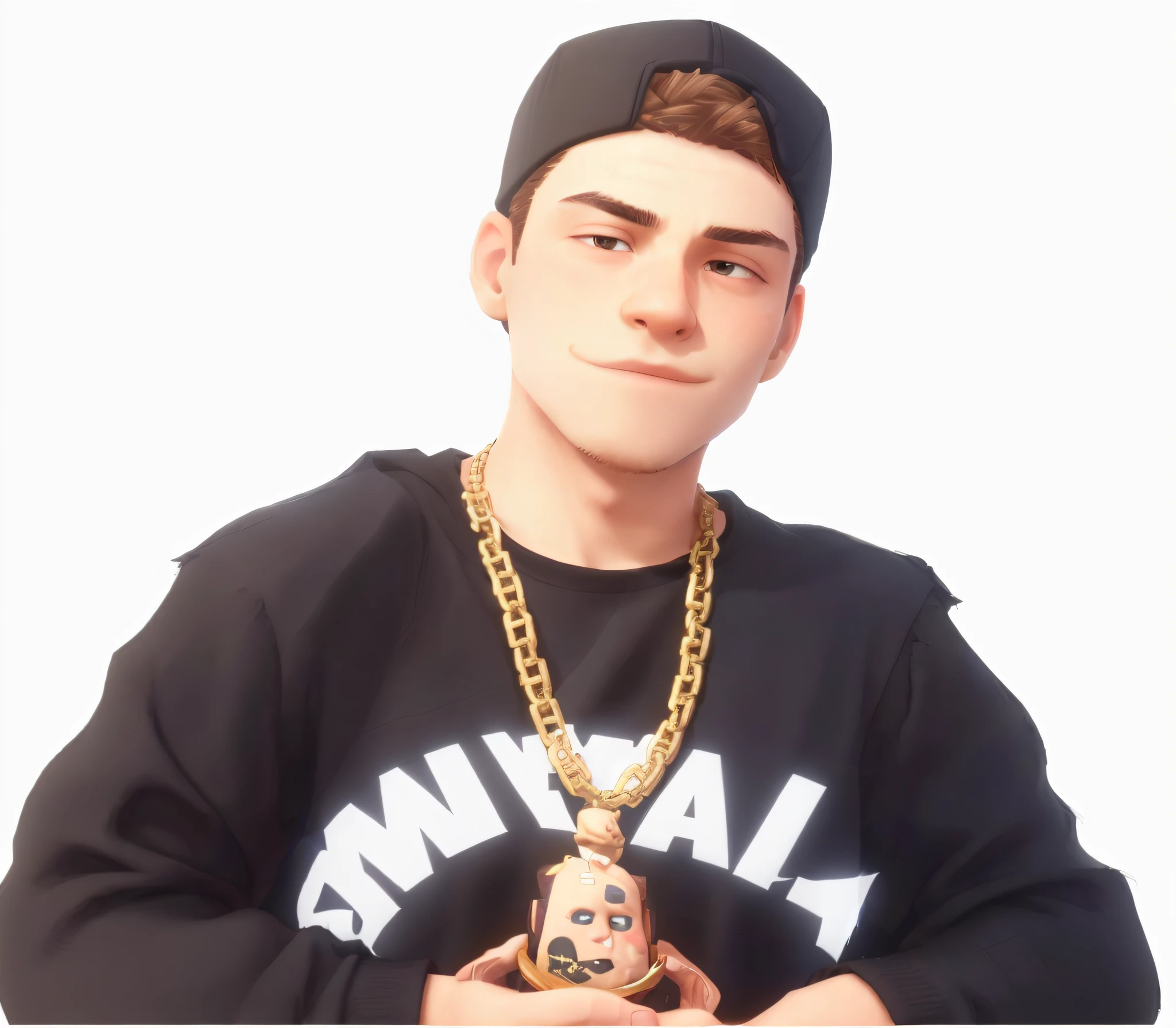 Man in black sweatshirt and snapback, profile picture, about 19 years old, a man wearing a paris saint germainpsg shirt, with chain around his neck, high quality, 4k, cgi, 3d, 3d cinematic work, 3d animation, slightly fat face, wide cheeks, slightly large ears