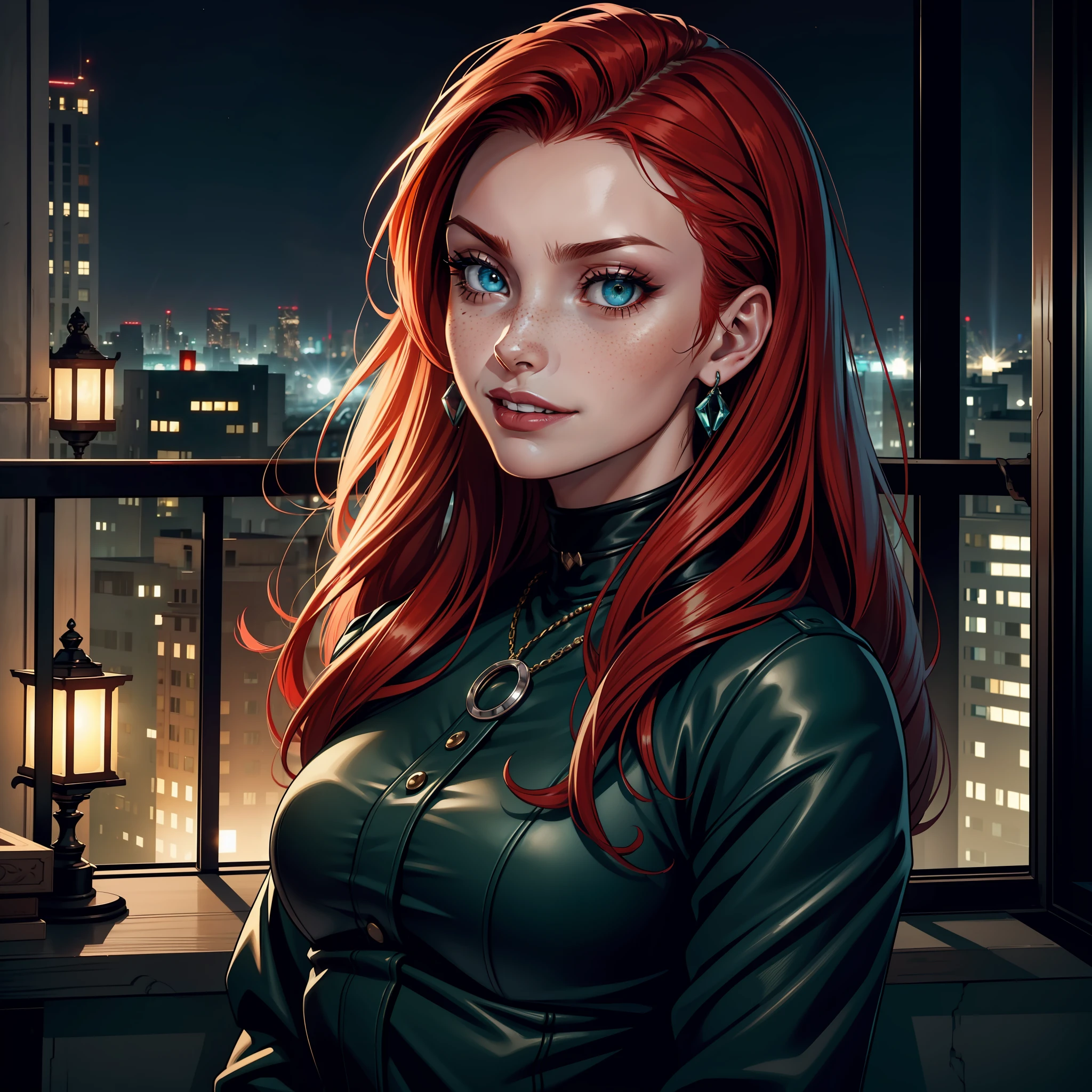 (extremely detailed 8k wallpaper), dark theme, Vampire the Masquerade, modern horror, 2020s, pretty girl, wearing expensive clothes of the president of the medical company, sharp focus, (subsurface scattering:1.1), award-winning photography, centered face, Sophie Turner's face, half-body photo:1.1, teenager, 12 years old, red hair, freckles on the face, wearing lots of expensive jewelry, green blue eyes:1.2, big smile, on the balcony of a luxury apartment overlooking the beach at night, dramatic lighting