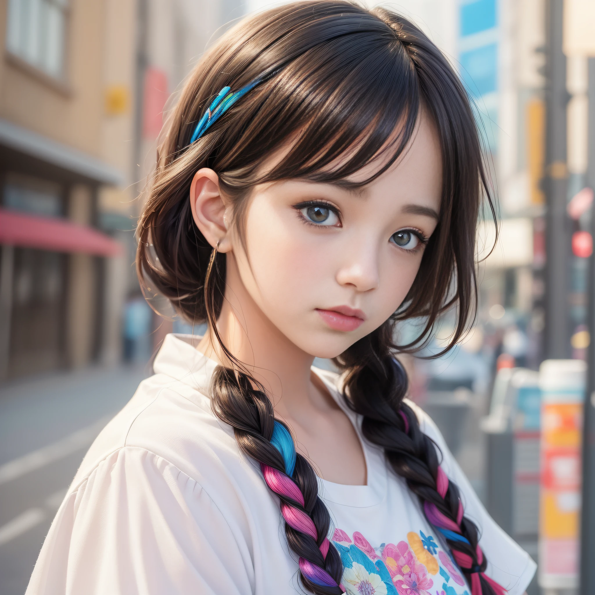 HD, 4K, 8K, mild sunshine, sweet style, ((((colorful picture)))), clean and tidy picture, crystal clear picture sense, (((((beautiful)))), close-up of a woman with short hair, Chinese girl: 20, black pupils: 20, black pupils, colorful hair 60, kawaii realistic portrait, upper body portrait, waist above photo, front face photo, colorful braids, realistic hair, beautiful anime style, pure white background, White short sleeves, clothes with simple pattern, realistic anime art style, beautiful anime portrait, realistic anime art style, anime style. [Stunning anime face portrait, colorful]", vibrant fantasy style, cute art style, vibrant realistic colors, anime realism style, beautiful anime girls, characters as core, digital art, realistic style, live-action CG, colorful headband,