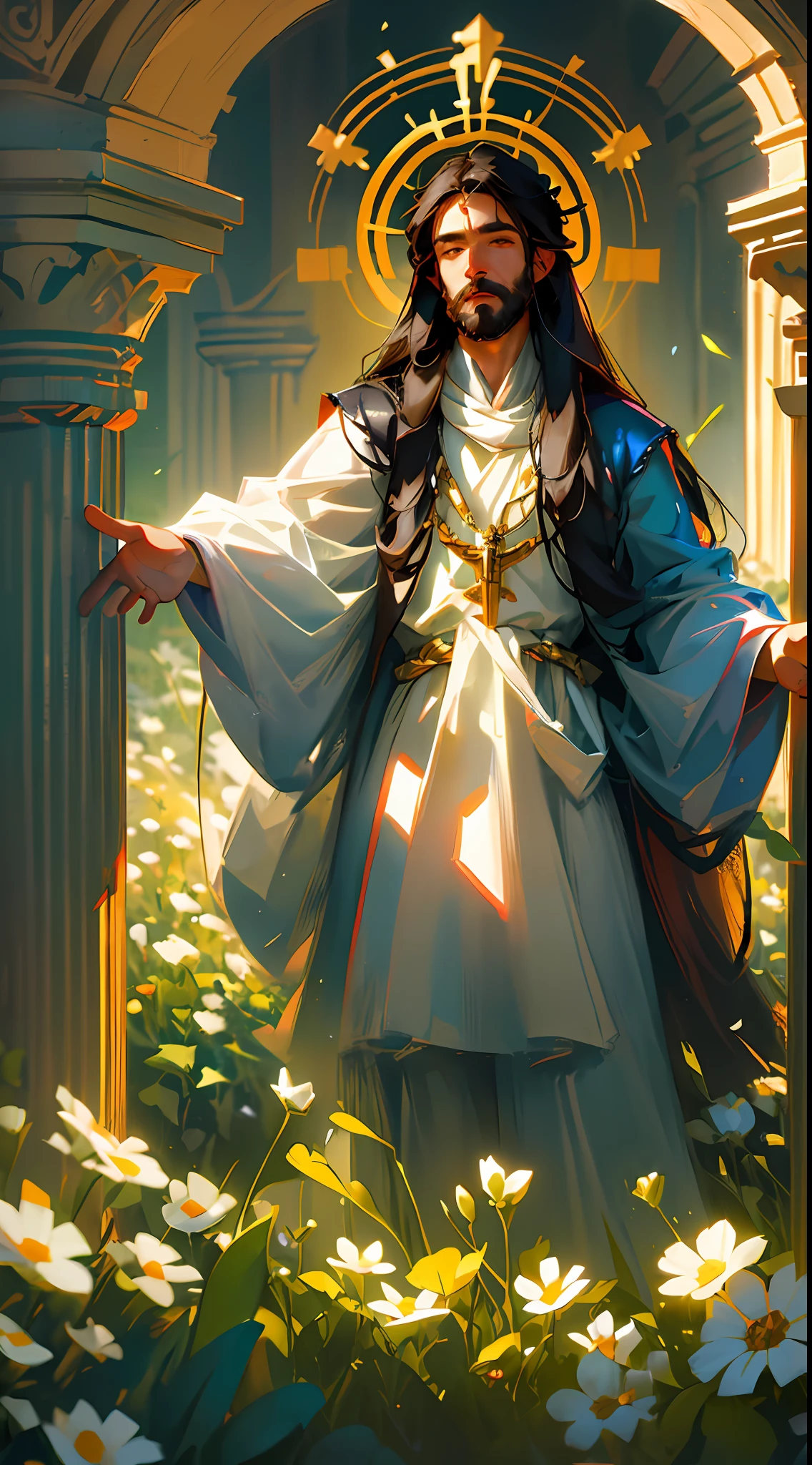Jesus Christ with beard and long hair, beautiful (biblical) dressed as in his time, in a garden of many flowers (( better quality of image and lighting))