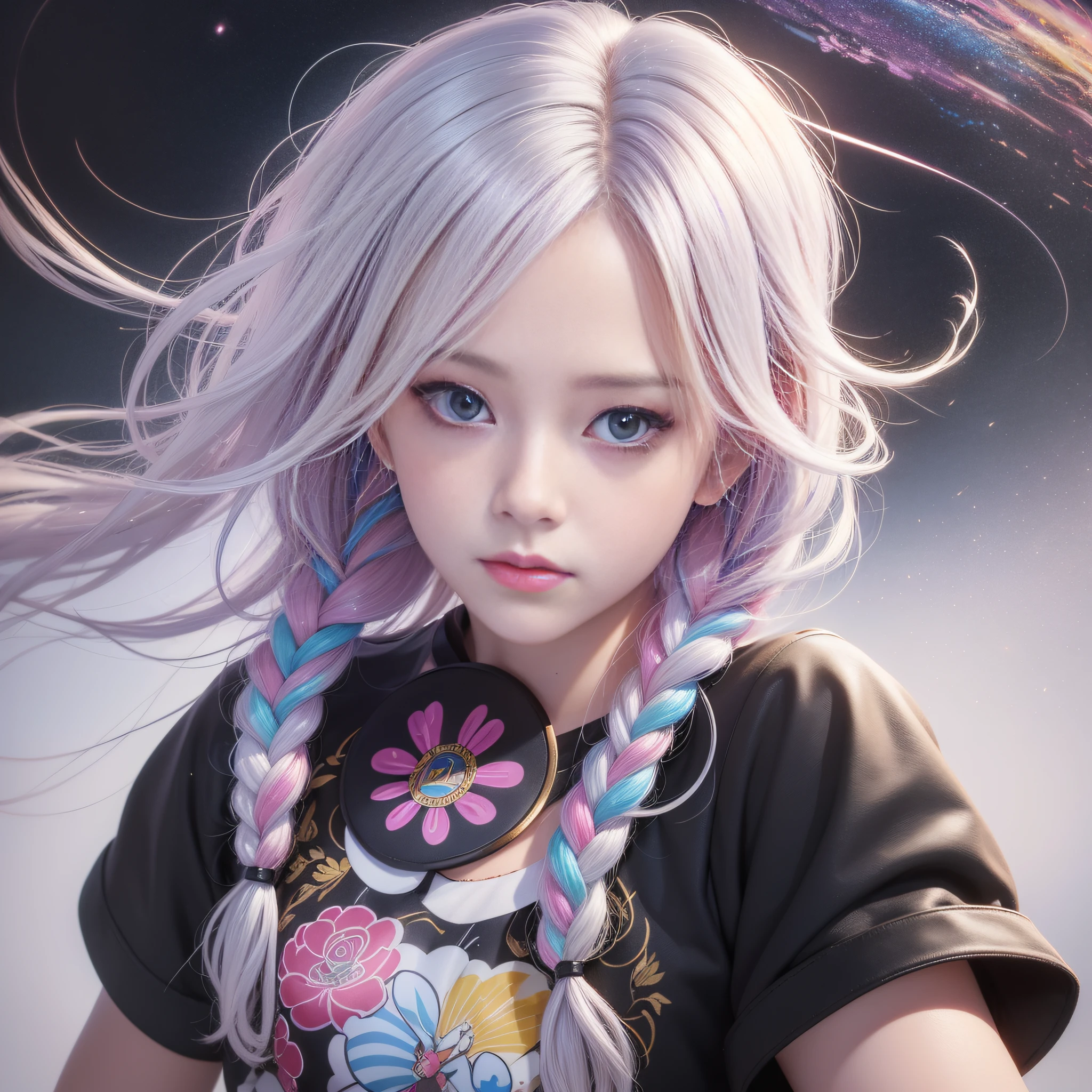 HD, 4K, 8K, mild sunshine, sweet style, white background, single background, ((((colorful character pictures))), clean and tidy picture, crystal clear picture sense, ((((beautiful)))), close-up of a woman with short hair, colorful hair 60, chinese girl:,(((black pupil)))), black pupil, realistic portrait of kawaii, portrait of upper body, photo above waist, photo of front face, colorful braids, realistic hair, Beautiful anime style, pure white background, white short sleeves, simple pattern on clothes, realistic anime art style, beautiful anime portrait, realistic anime art style, anime style. [Stunning anime face portrait, colorful]", vibrant fantasy style, cute art style, vibrant realistic colors, anime realism style, beautiful anime girls, characters as core, digital art, realistic style, live-action CG, colorful headband,