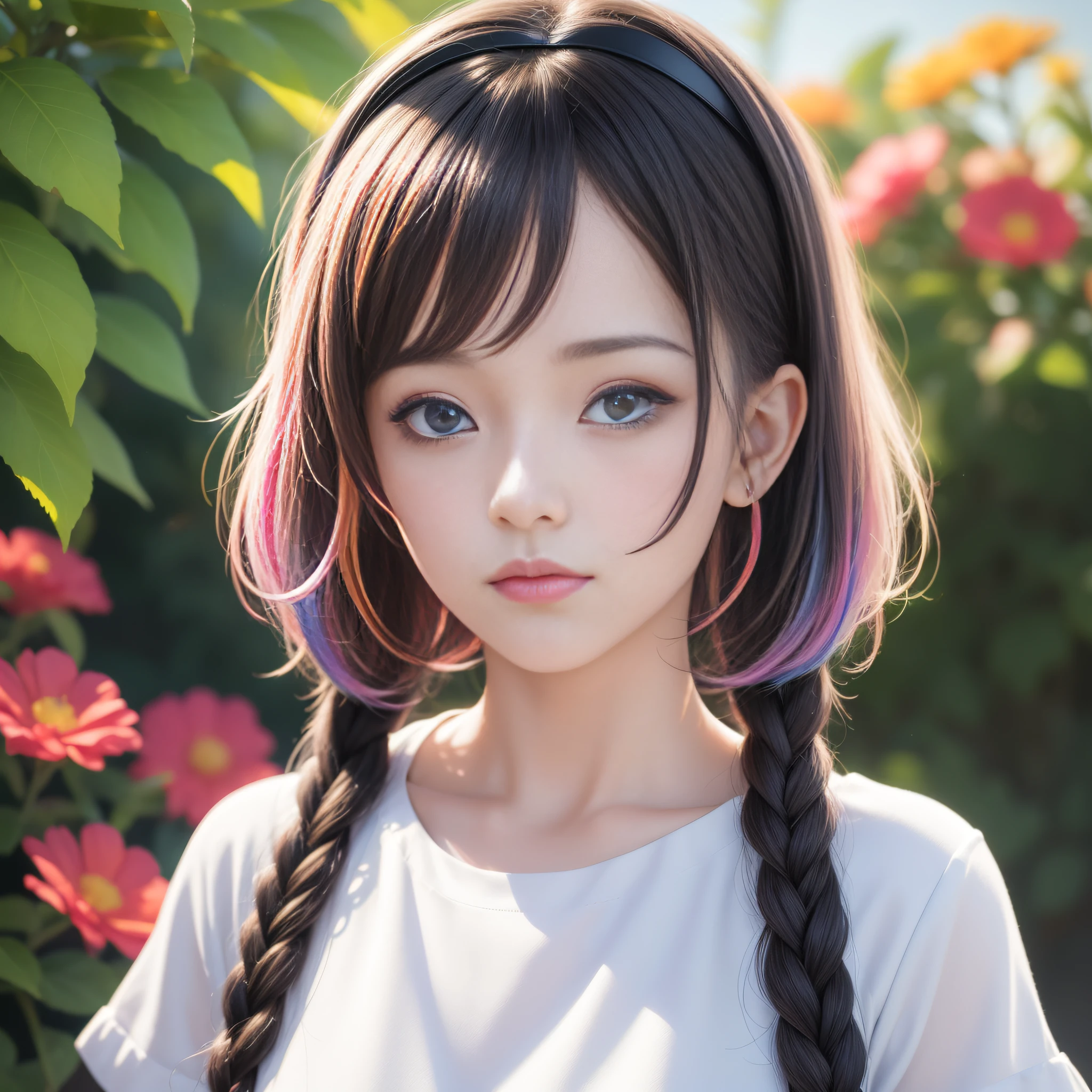HD, 4K, 8K, mild sunshine, sweet style, white background, single background, ((((colorful character pictures))), clean and tidy picture, crystal clear picture sense, ((((beautiful)))), close-up of a woman with short hair, colorful hair 60, chinese girl:,(((black pupil)))), black pupil, realistic portrait of kawaii, portrait of upper body, photo above waist, photo of front face, colorful braids, realistic hair, Beautiful anime style, pure white background, white short sleeves, simple pattern on clothes, realistic anime art style, beautiful anime portrait, realistic anime art style, anime style. [Stunning anime face portrait, colorful]", vibrant fantasy style, cute art style, vibrant realistic colors, anime realism style, beautiful anime girls, characters as core, digital art, realistic style, live-action CG, colorful headband,