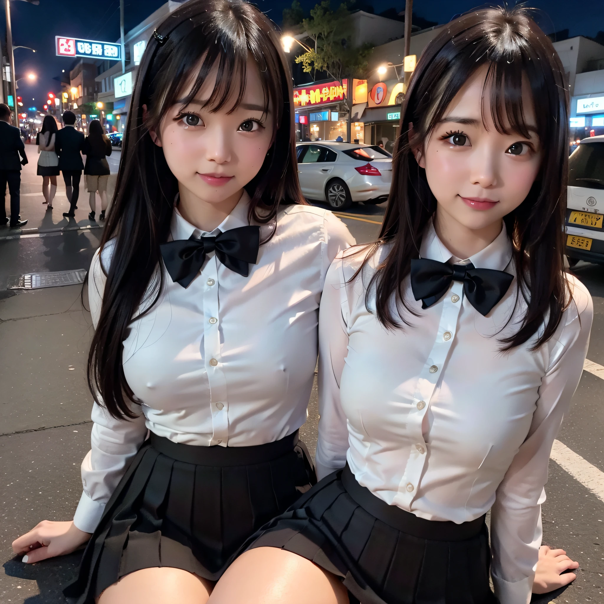 There is a woman who is on the street with a bag, eating banana, (8k, RAW photo, best quality, masterpiece: 1.2), (realistic, photo-realistic: 1.37), ultra-detailed, 1 girl, beautiful, solo, beautiful detailed sky, detailed coffee, night, sitting, dating, (flushed nose), (smile: 1.1), (closed mouth), medium breasts, beautiful detailed eyes, (collared shirt: 1.1), bow tie, pleated skirt,