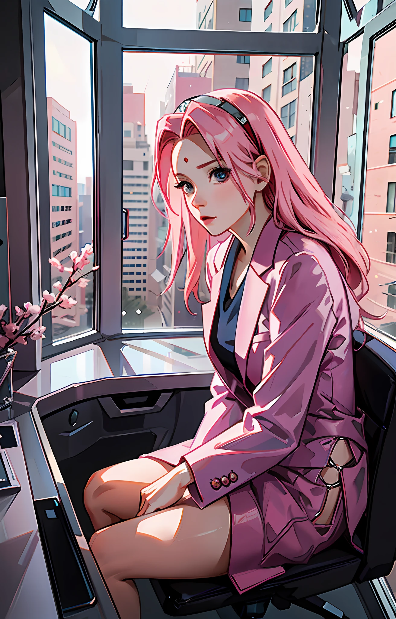 Sakura haruno, ((solo)), alone, ((forehead the show)), elegant,wearing a feminine suit, pink hair, delicate, young, long hair, detailed face, high definition, ((full body)), full body, ((serious)), in an office looking at the city outside the window, CEO, she is a beautiful woman of success, face with high quality,CEO