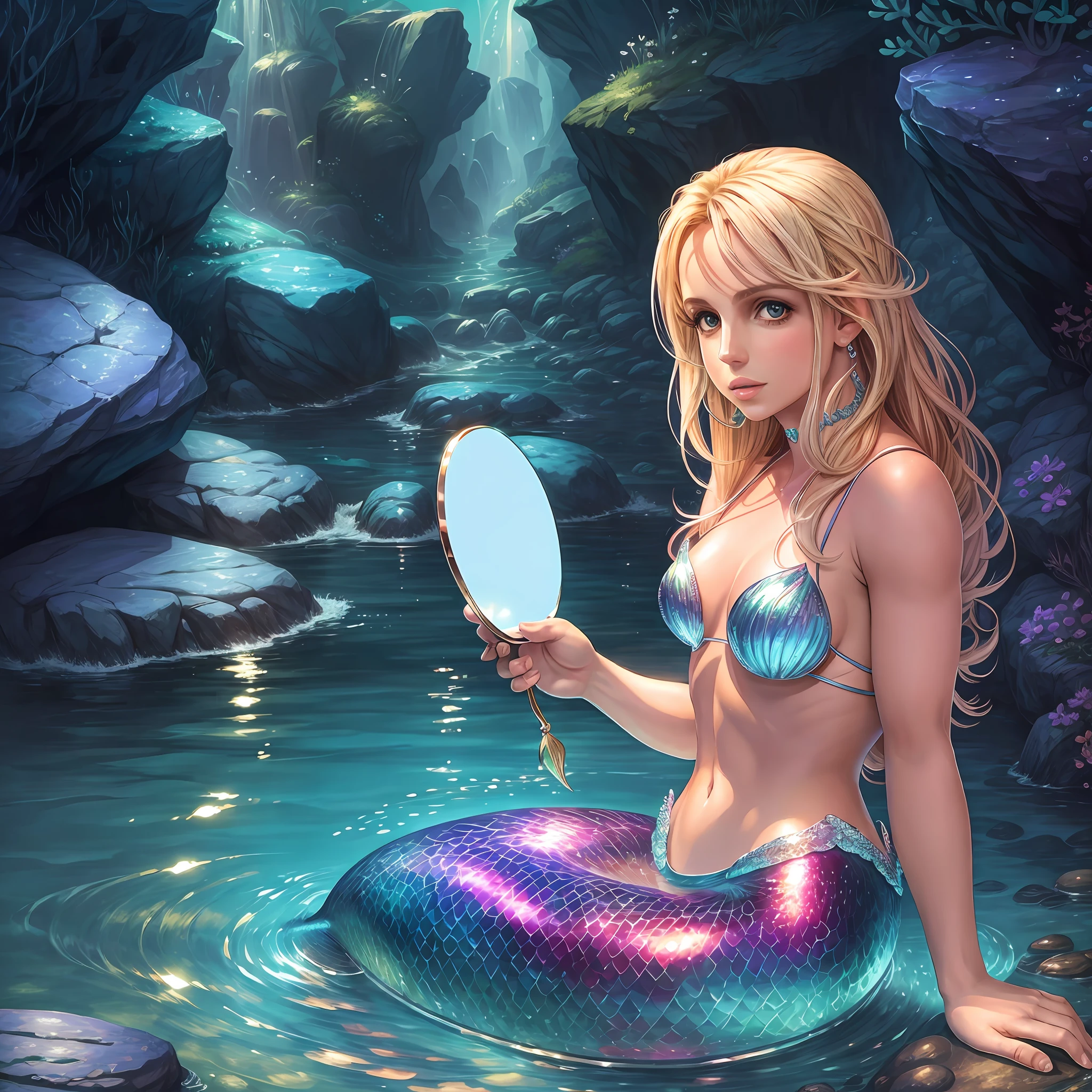 Britney Spears mermaid sitting on a rock with mirror in hand --auto --s2