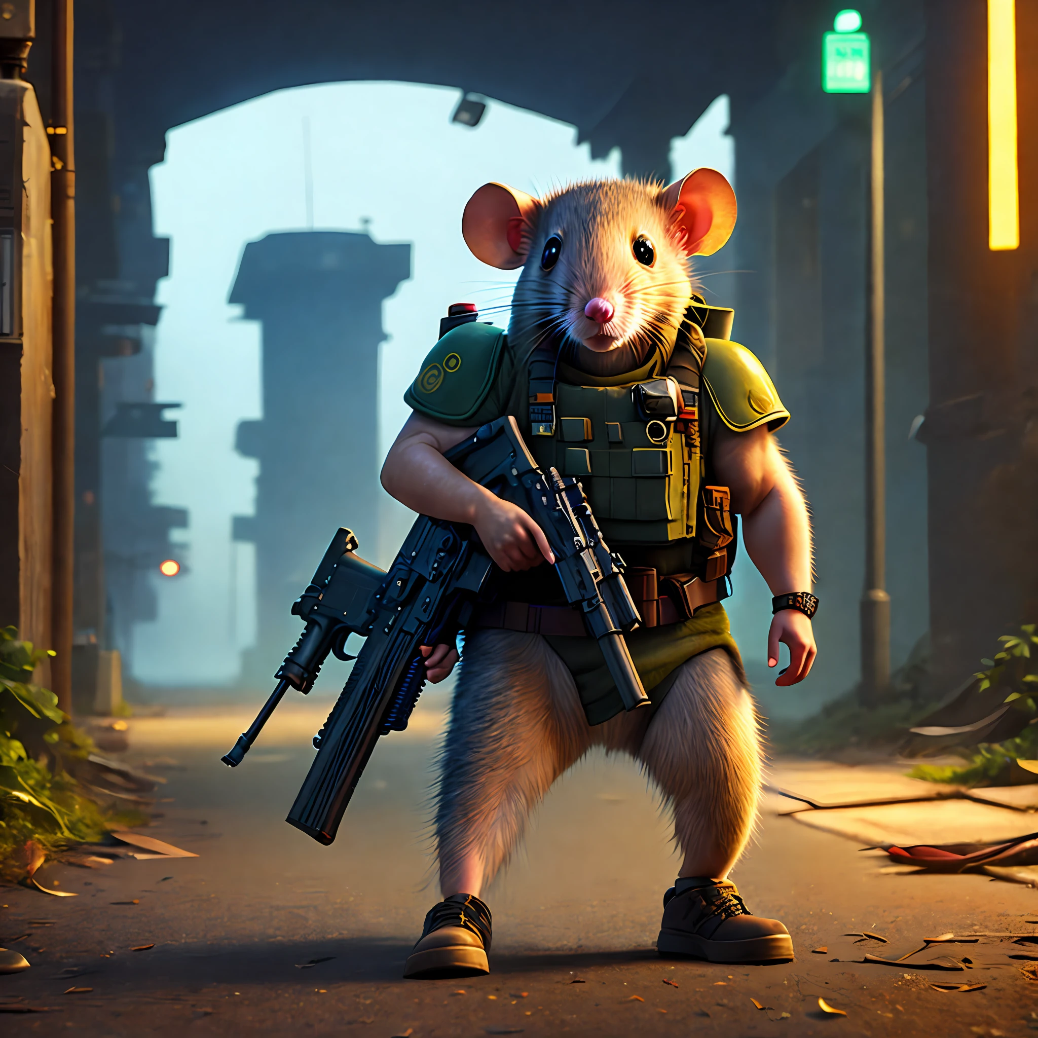 a military rat with a machine gun walking with a baby by an abandoned street, front view, key lighting, soft lights, foggy, 8 k render, detailed, cute cartoon style, warhammer 40k