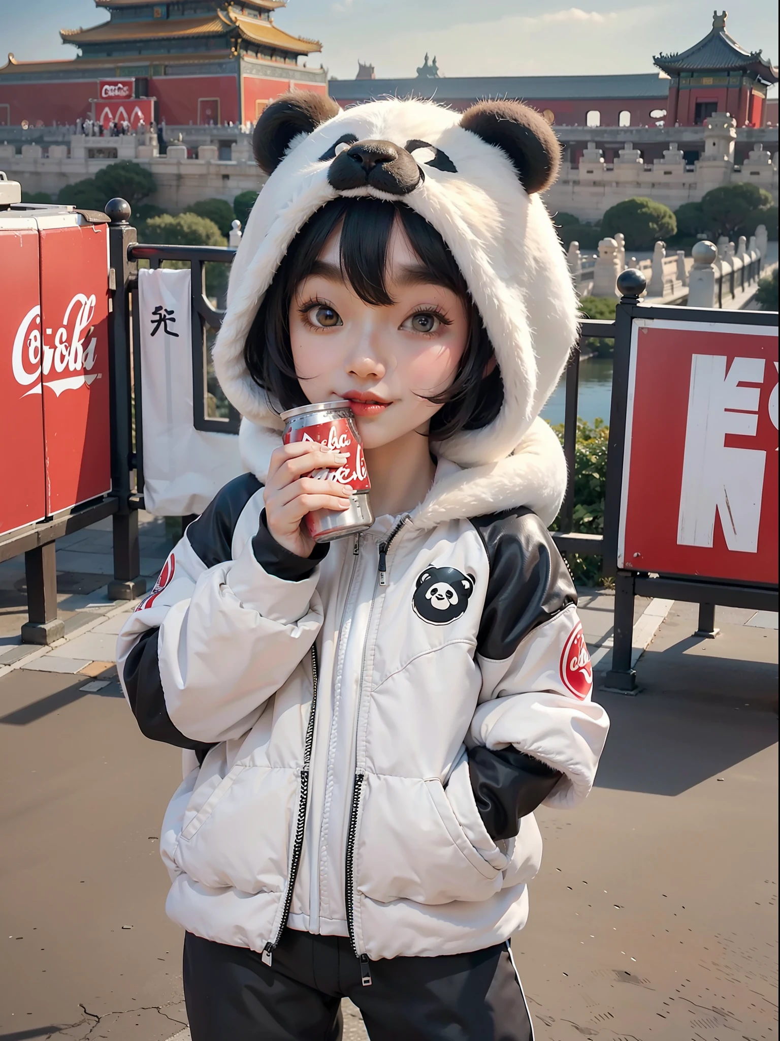 Giant panda in sportswear drinking Coca-Cola in front of the Forbidden City,