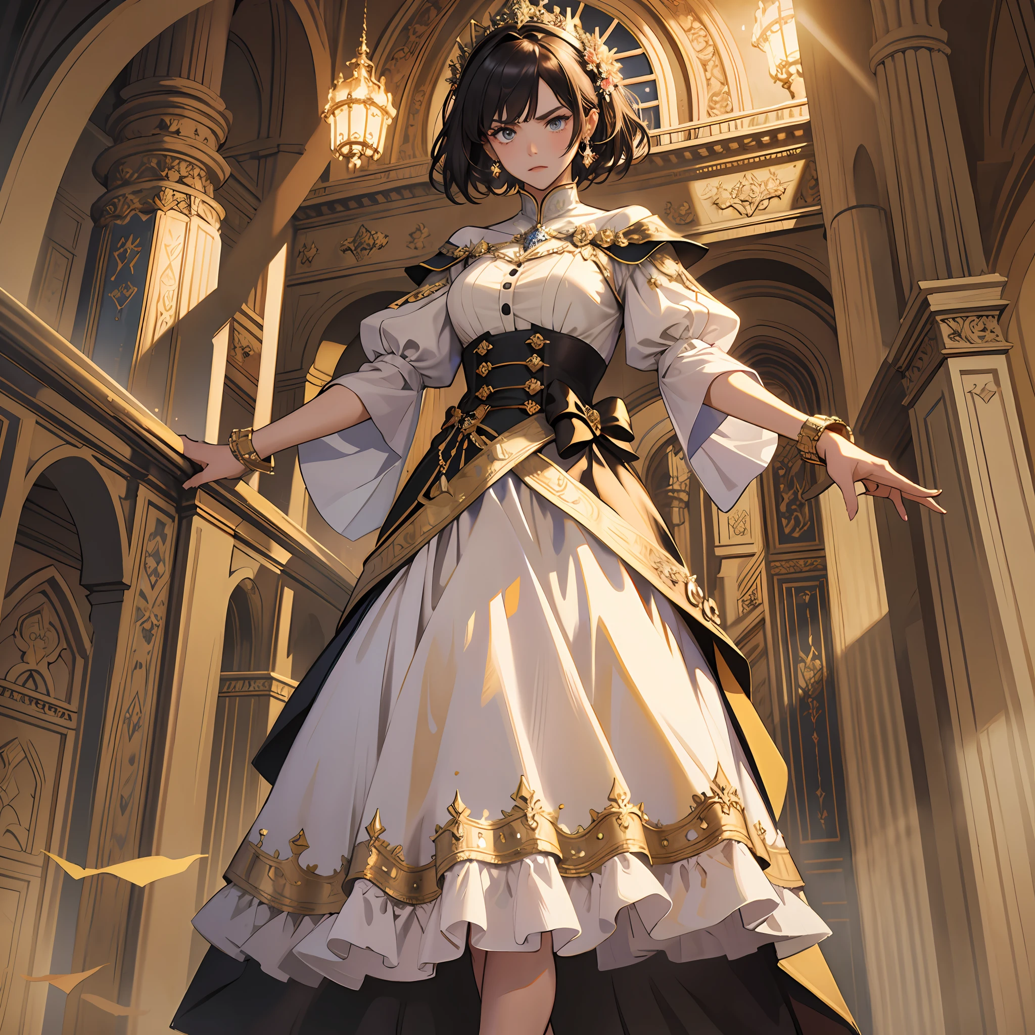 Masterpiece, Excellent, (Office: 1.8), CG drawing with super high detail, standing, 1 royal sister, angry, a woman with short tan hair, layered dress, hands crossed at waist, facing the audience, illustration, wide angle panorama