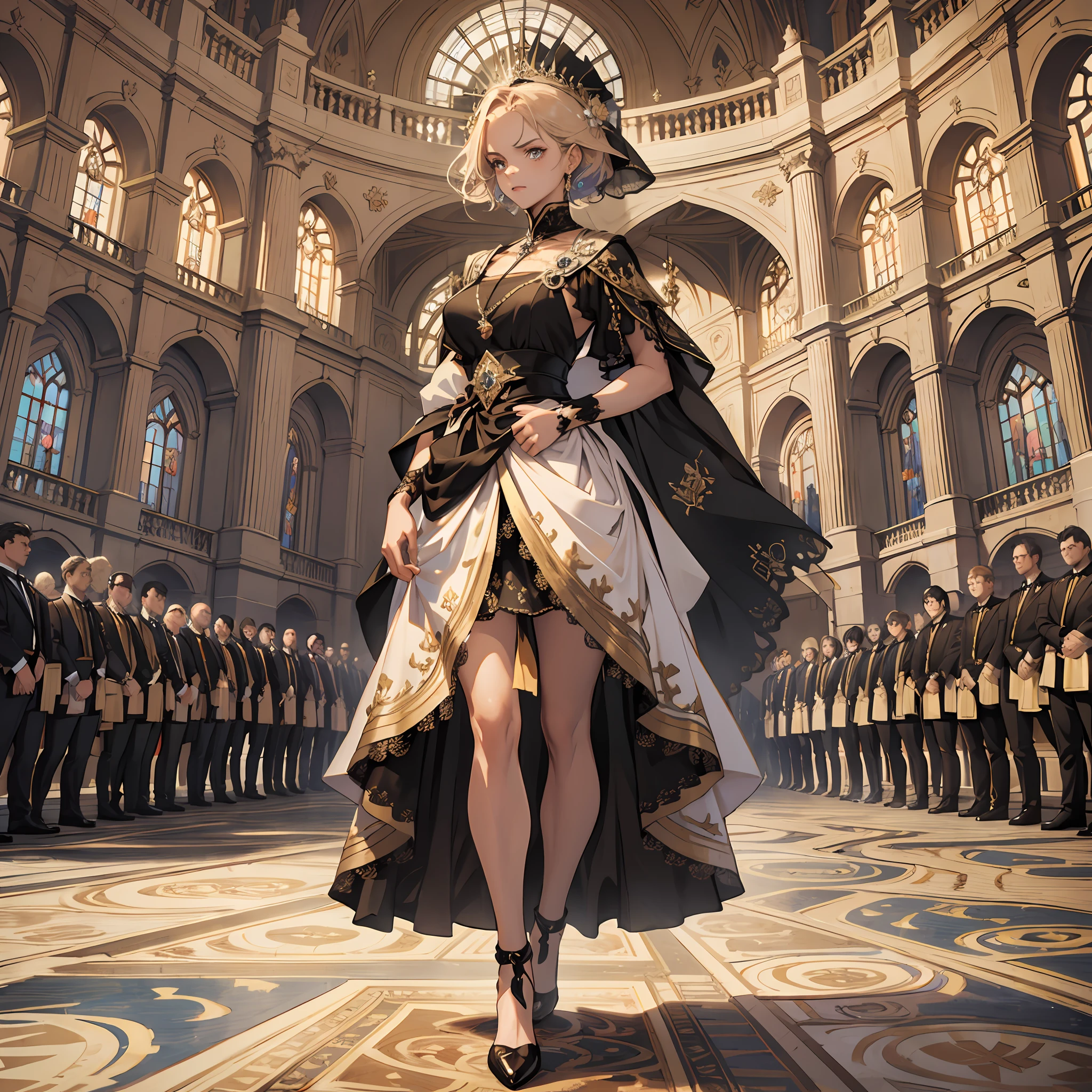 Masterpiece, Excellent, (Office: 1.8), CG drawing with super high detail, standing, 1 royal sister, angry, a woman with short tan hair, layered dress, hands crossed at waist, facing the audience, illustration, wide angle panorama
