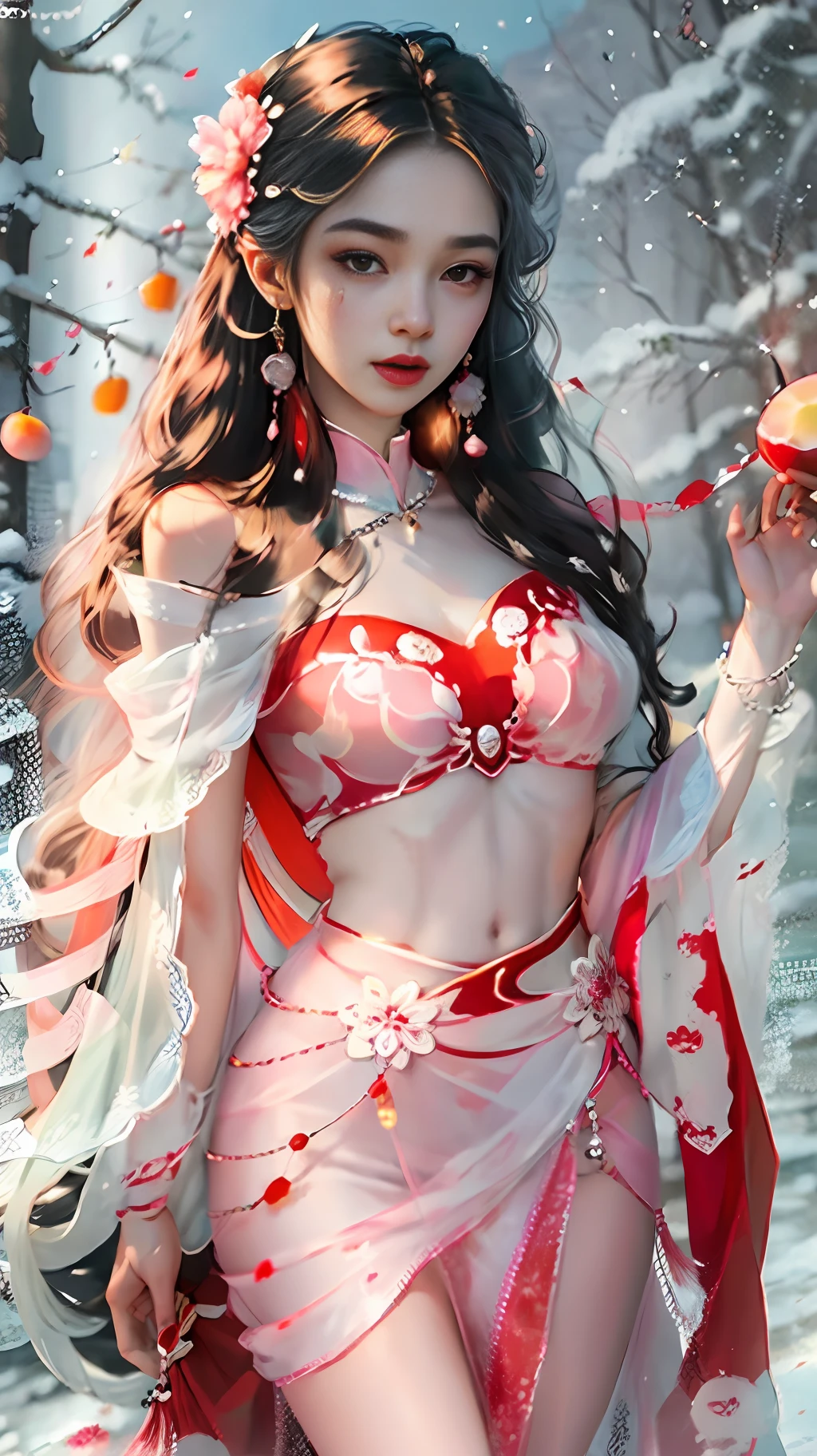 Girl, red cloth body, slender jade neck, a piece of snow white as condensed white jade, plain waist a bundle, not even a grip, long legs under the skirt, look up, that forehead with a forehead, fine silver chain will be like a waterfall beautiful black hair to stop, curved willow eyebrows, a pair of bright eyes beautiful and dark, serious gaze, as if there is a charm of the soul beautiful Qiong nose, pink cheeks slightly red, dripping cherry-like cherry lips, flower-like melon seed face crystal like jade, white skin victory snow, beautiful body, charming and affectionate, Yixi Yiyi, The end is a walking landscape, a lively beauty, realistic, 8K, the best work, super high quality --auto --s2