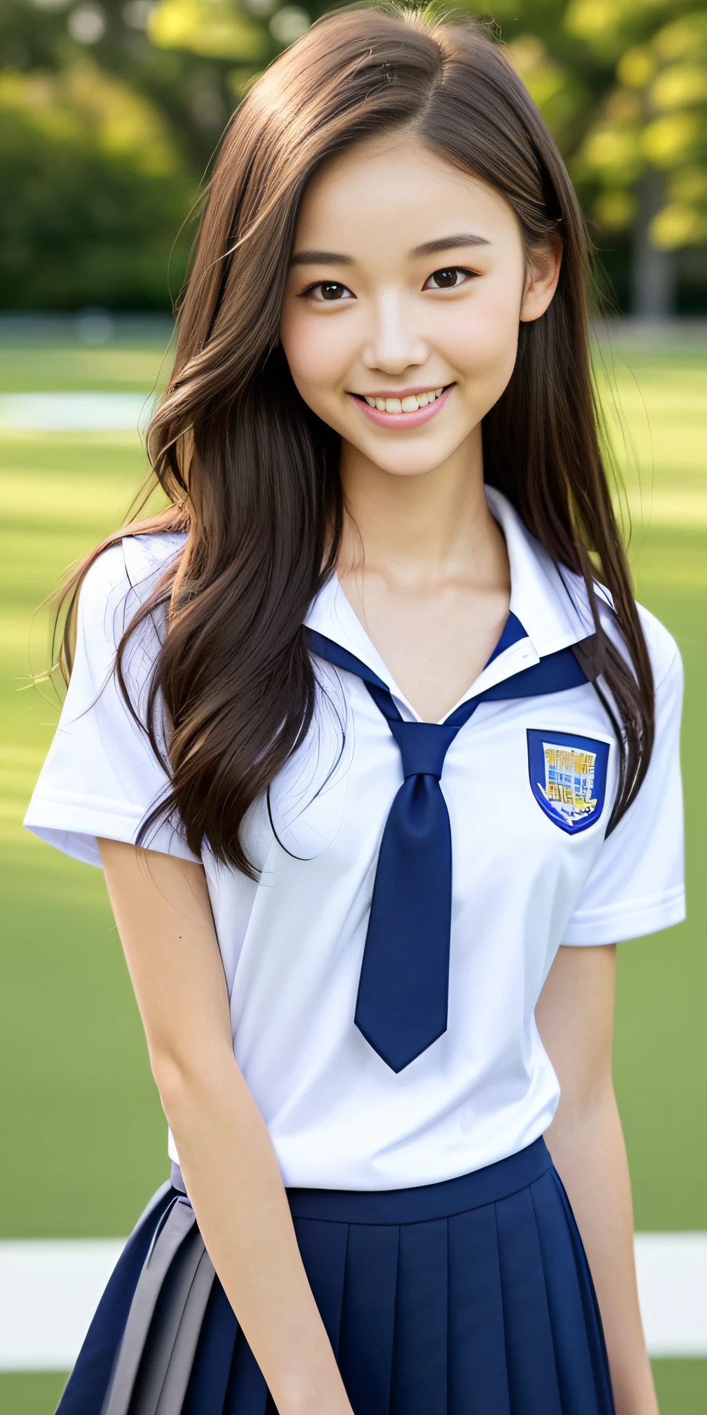 neat college girl, ite, (school uniform, Y-shirt, summer clothes), outside the athletic field, (slim), photorealistic, detail, skin texture, ultra detail, delicate and sexy collarbone, smile, super detailed face, detailed lips, detailed eyes, double eyelids, small breasts, small breasts, small, flat breasts, breast enhancement