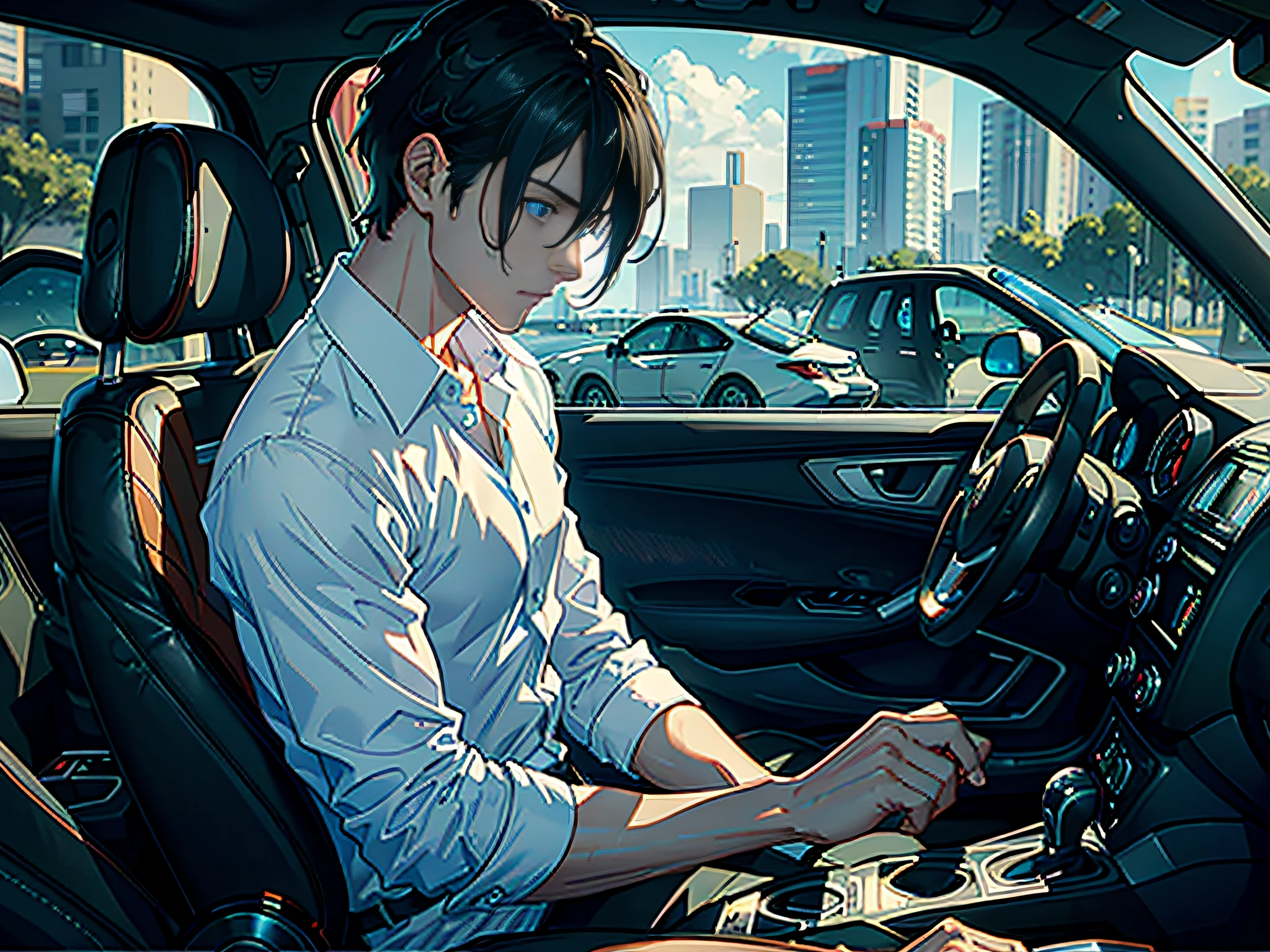 ((Masterpiece)), ((Best Quality)), 8K, HD, Super Detail, ((1 Man 1.6)), (Man White Shirt), (While Driving 1.5) (Black Hair), (Blue Eyes) (1.6 in Car)(Upper Body Display 1.4) The artwork is a masterpiece, with the best quality and super detail, captured in 8K HD. Photographic realistic, realistic, very detailed illustrations realistic, octane rendering