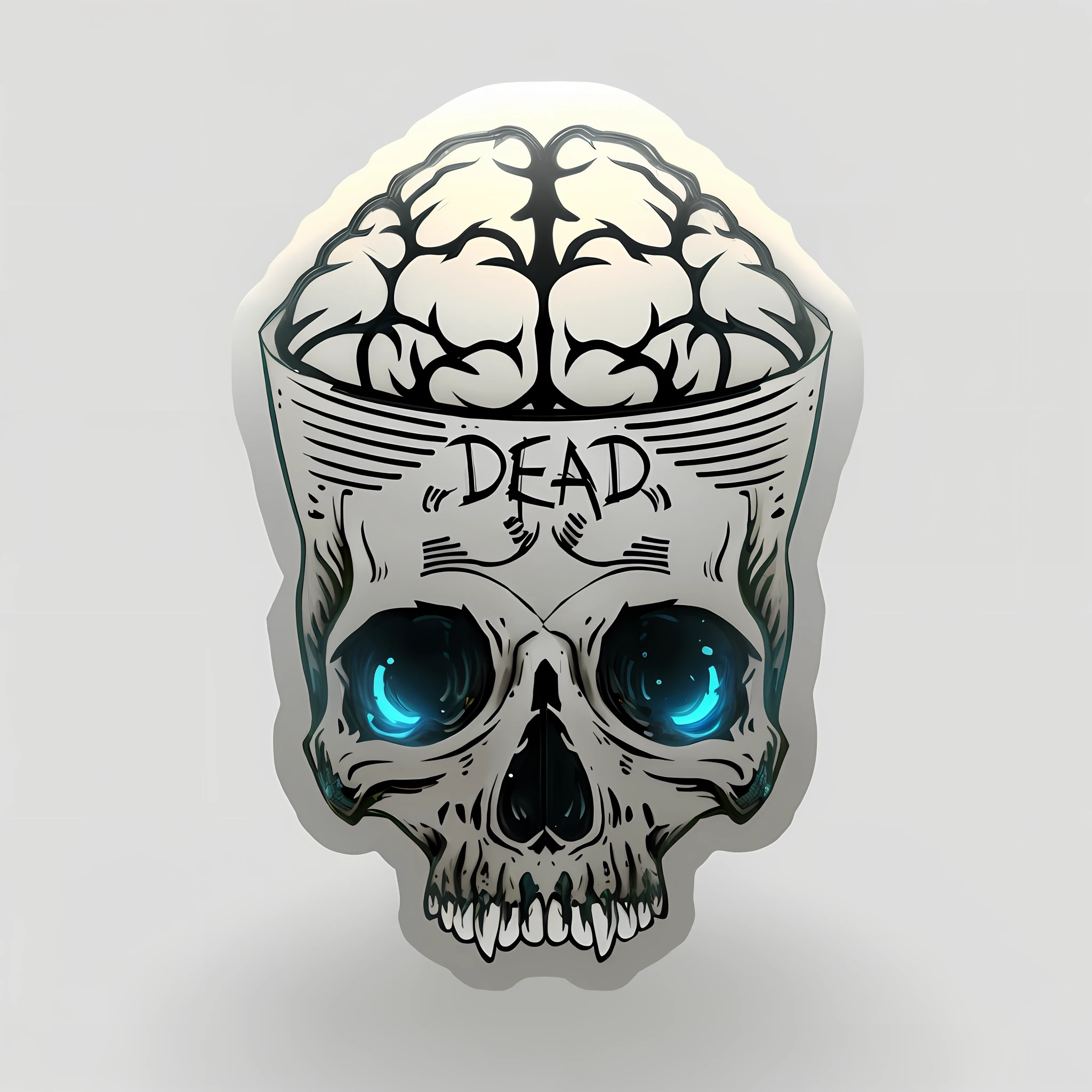 a sticker with a skull and a brain inside of it, skull head, sticker illustration, dead, his head is a skull, brains, dead inside, dead old, sticker design, drawing of a skull, matrioshka brain, symmetrical die cut sticker, die - cut sticker, dead body, death skull, head is centered, minimalist sticker, only head, BioPunkAI