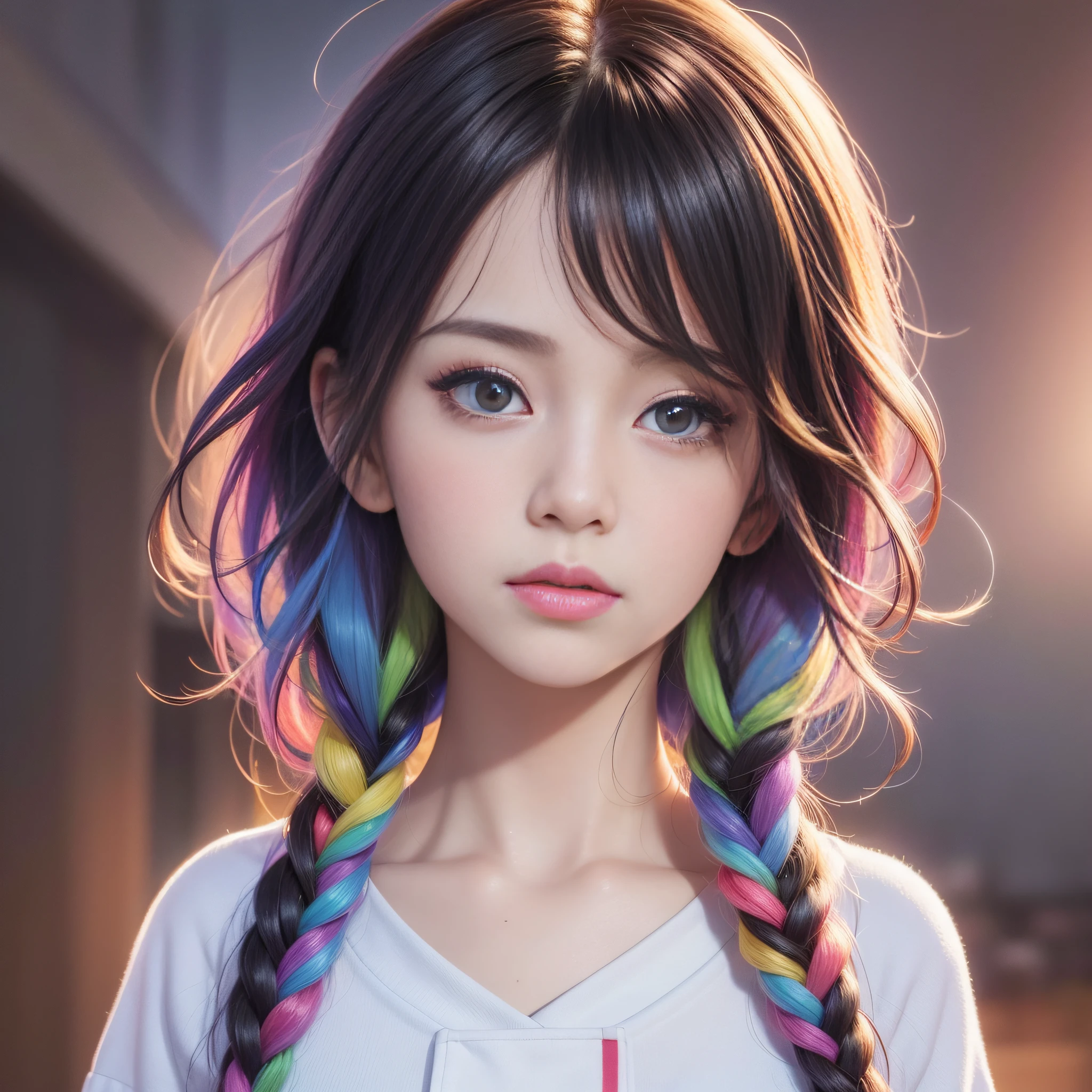 HD, 4K, 8K, mild sunshine, sweet style, ((((colorful character screen)))), clean and tidy picture, crystal clear picture sense, (((((beautiful)))), close-up of a woman with short hair, faint smile , (colorful hair: 60), Chinese girl: , ((black pupil kernel))), black pupil, realistic portrait of kawaii, portrait of upper body, photo above the waist, (front face photo: 20), colorful braids, Realistic hair, beautiful anime style, pure white background, white short sleeves, simple pattern on clothes, realistic anime art style, beautiful anime portrait, realistic anime art style, anime style. [Stunning anime face portrait, colorful]", vibrant fantasy style, cute art style, vibrant realistic colors, anime realism style, beautiful anime girls, characters as core, digital art, realistic style, live-action CG, colorful headband.