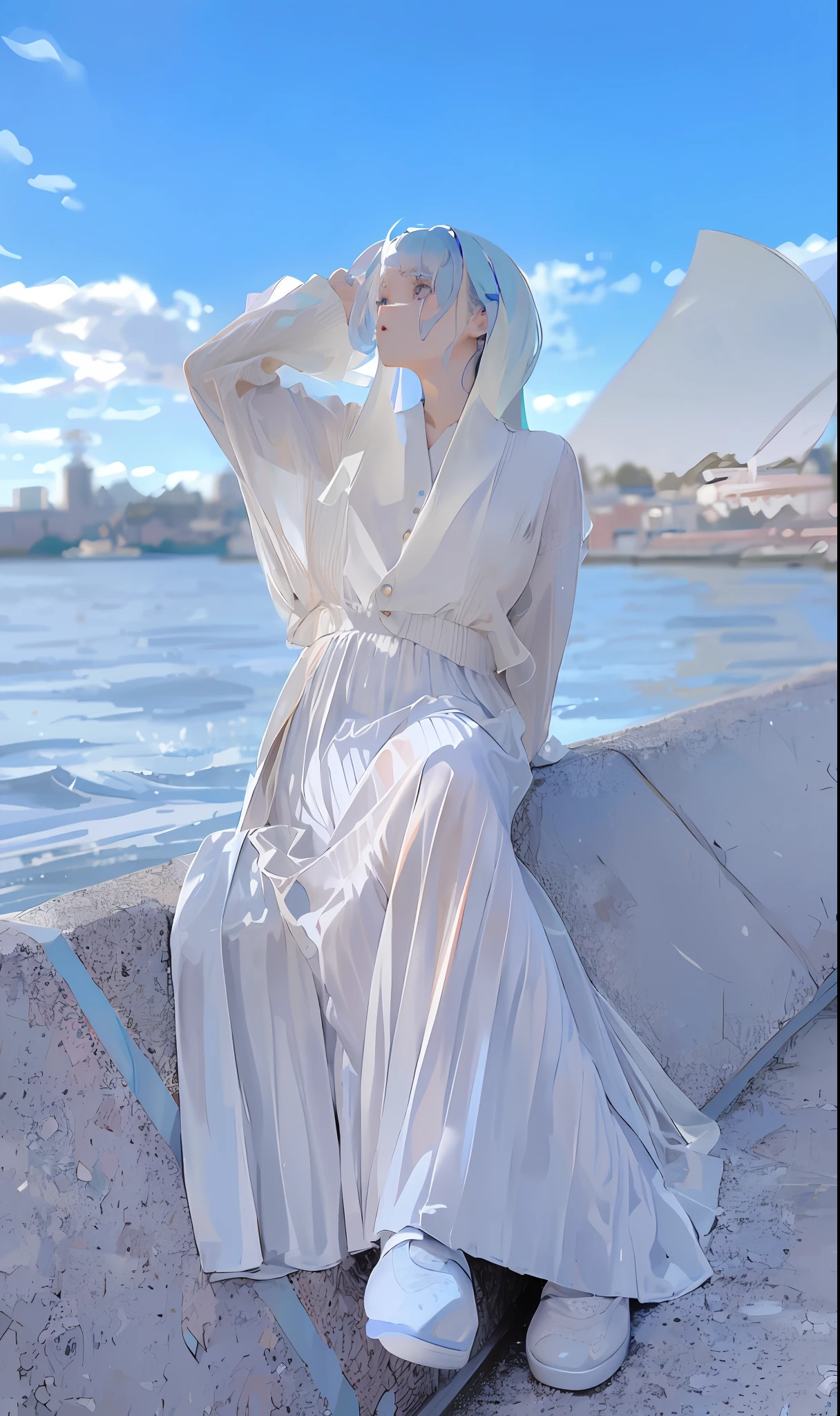 (detailed beautiful eyes and detailed face, masterpiece side light, masterpiece, best quality, detailed, high resolution illustration), (1 girl, beautiful girl, shiny skin, looking down, looking at viewer), (sky blue colored hair, pink eyes, skirt, ribbon, button-down shirt)(Sideways body, hand covering mouth,, surprised expression)(45-degree downward viewing angle)