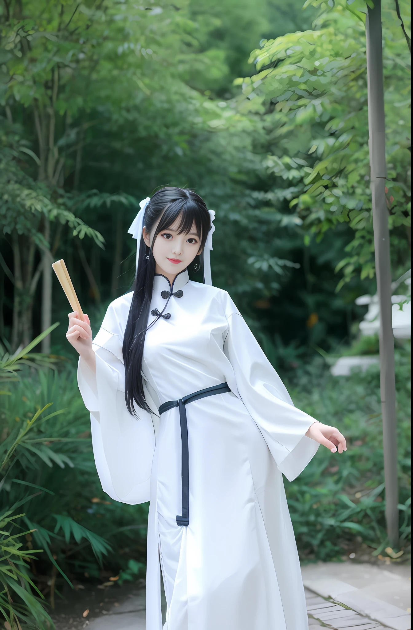 Arad woman in white dress holding fan smiling, white hanfu, palace, hanfu girl, wearing ancient chinese costume, wearing ancient chinese costume, hanfu, traditional chinese clothing, chinese costume, full body fairy, chinese girl, chinese dress ancient chinese princess, Chinese Traditional, chinese style