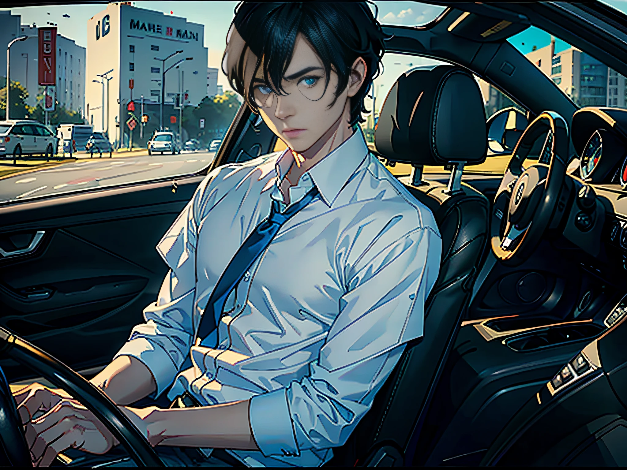 ((Masterpiece)), ((Best Quality)), 8K, HD, Super Detail, ((1 Man 1.6)), (Man White Shirt), (While Driving 1.5) (Black Hair), (Blue Eyes) (1.6 in Car)(Upper Body Display 1.4) The artwork is a masterpiece, with the best quality and super detail, captured in 8K HD. Photographic realistic, realistic, very detailed illustrations realistic, octane rendering