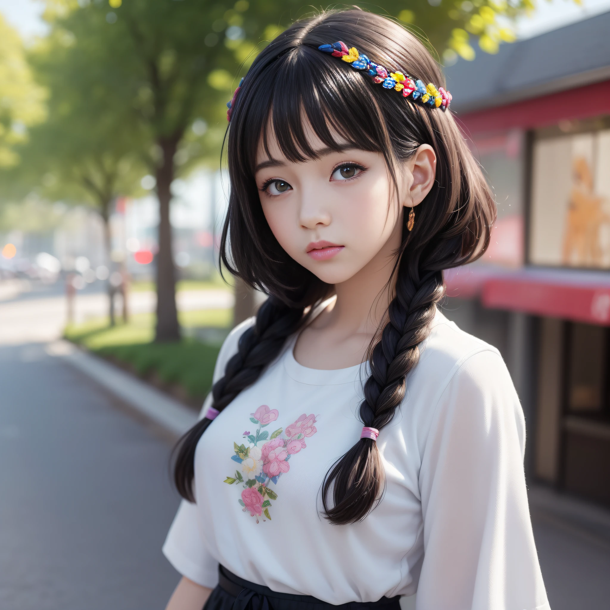 HD, 4K, 8K, mild sunshine, sweet style, ((((colorful character screen)))), clean and tidy picture, crystal clear picture sense, (((((beautiful)))), close-up of a woman with short hair, faint smile , (colorful hair: 60), Chinese girl: , ((black pupil kernel))), black pupil, realistic portrait of kawaii, portrait of upper body, photo above the waist, (front face photo: 20), colorful braids, Realistic hair, beautiful anime style, pure white background, white short sleeves, simple pattern on clothes, realistic anime art style, beautiful anime portrait, realistic anime art style, anime style. [Stunning anime face portrait, colorful]", vibrant fantasy style, cute art style, vibrant realistic colors, anime realism style, beautiful anime girls, characters as core, digital art, realistic style, live-action CG, colorful headband.