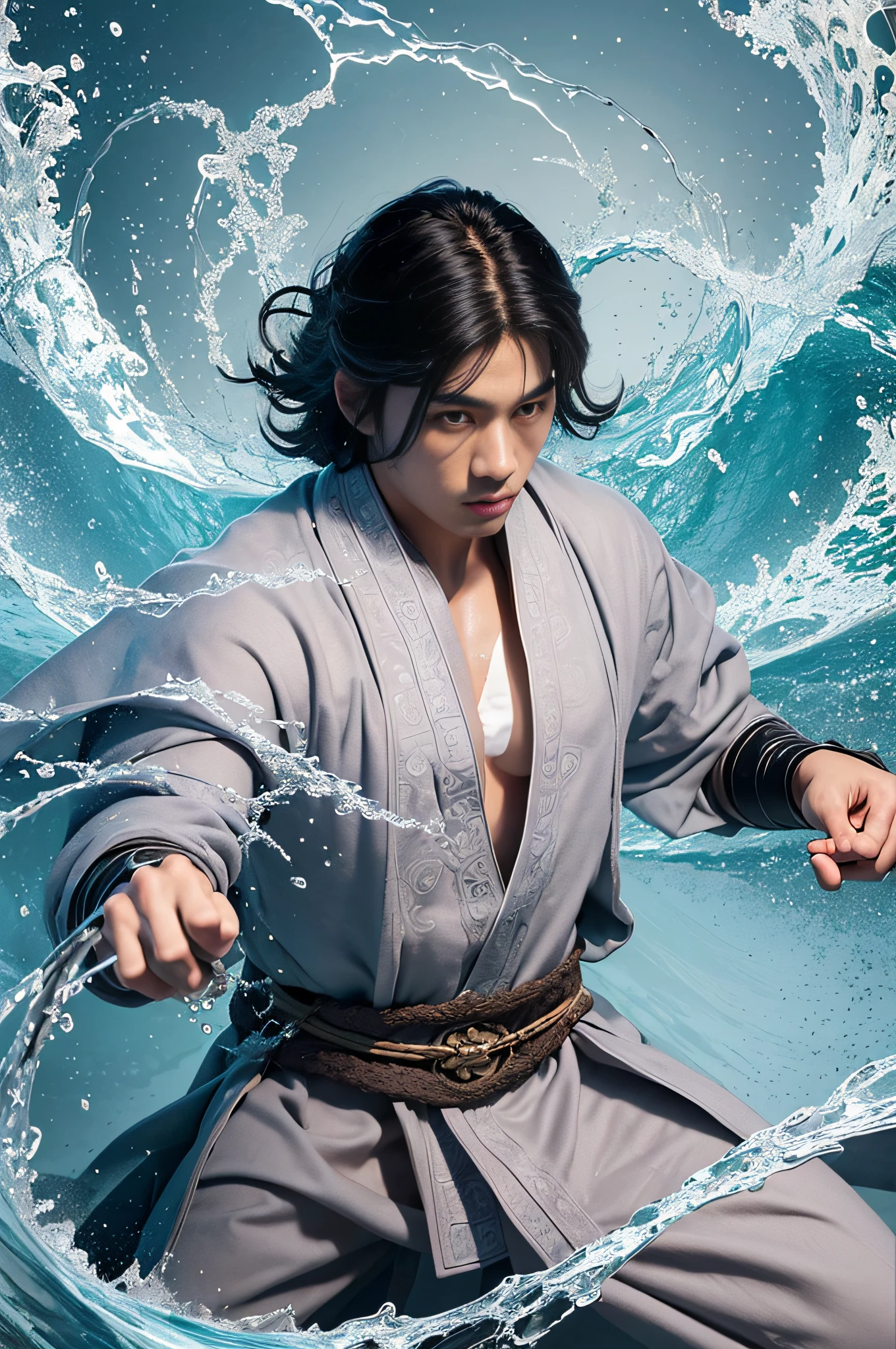Best quality, masterpiece, super high resolution, hanfu, jade water book, black hair, water, waves, crashing waves, spells, fa gong, (absurd, high resolution, super detailed), Asian, 1 male, eighteen-year-old boy, handsome, tall muscular man, broad shoulders, very short hair, bottom cut, dark brown eyes, fine eyes and detailed face, extremely detailed CG Unity 8k wallpaper, intricate details, (Style Swirl Magic: 0.7), Looking at the Audience, Solo, (Full Body: 0.6), Detailed Background, Detailed Face, (European Medieval Fantasy Theme: 1.1), Hair Fluttering in the Wind, Martial Artist, Dynamic Pose, Fighting Stance, Clenched Fists, Fingerless Gauntlet, Wristband, Dragon-themed Costume, Monk Robe, , Rotating Floating Particles, Dynamic Composition, Upper Body Naked, Big Muscles, White Rubber Pants, ((((crotch bulge))))