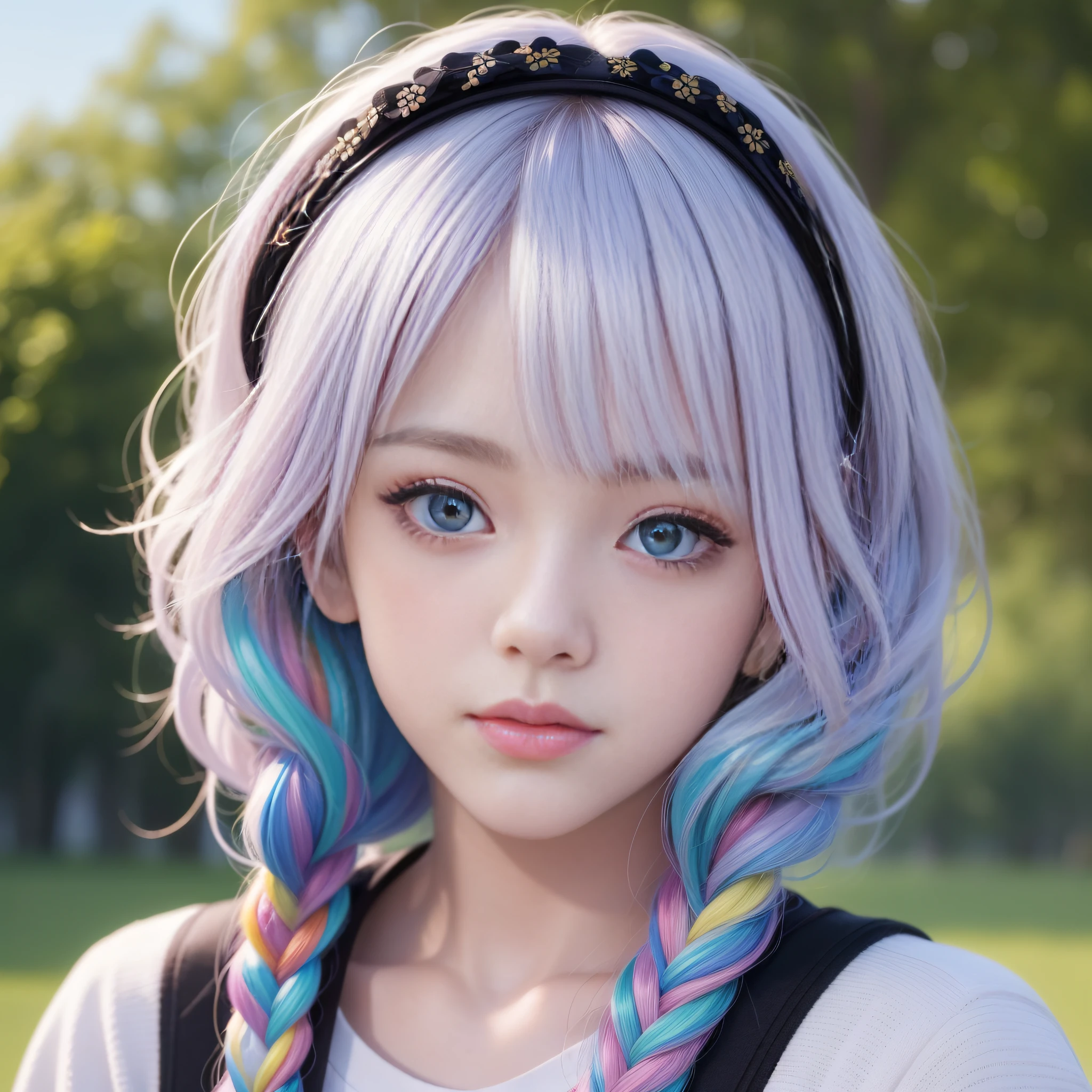 HD, 4K, 8K, mild sunshine, sweet style, ((((colorful character screen)))), clean and tidy picture, crystal clear picture sense, (((((beautiful)))), close-up of a woman with short hair, faint smile , (colorful hair: 60), Chinese girl: , ((black pupil kernel))), black pupil, realistic portrait of kawaii, portrait of upper body, photo above the waist, (front face photo: 20), colorful braids, Realistic hair, beautiful anime style, pure white background, white short sleeves, simple pattern on clothes, realistic anime art style, beautiful anime portrait, realistic anime art style, anime style. [Stunning anime face portrait, colorful]", vibrant fantasy style, cute art style, vibrant realistic colors, anime realism style, beautiful anime girls, characters as core, digital art, realistic style, live-action CG, colorful headband.