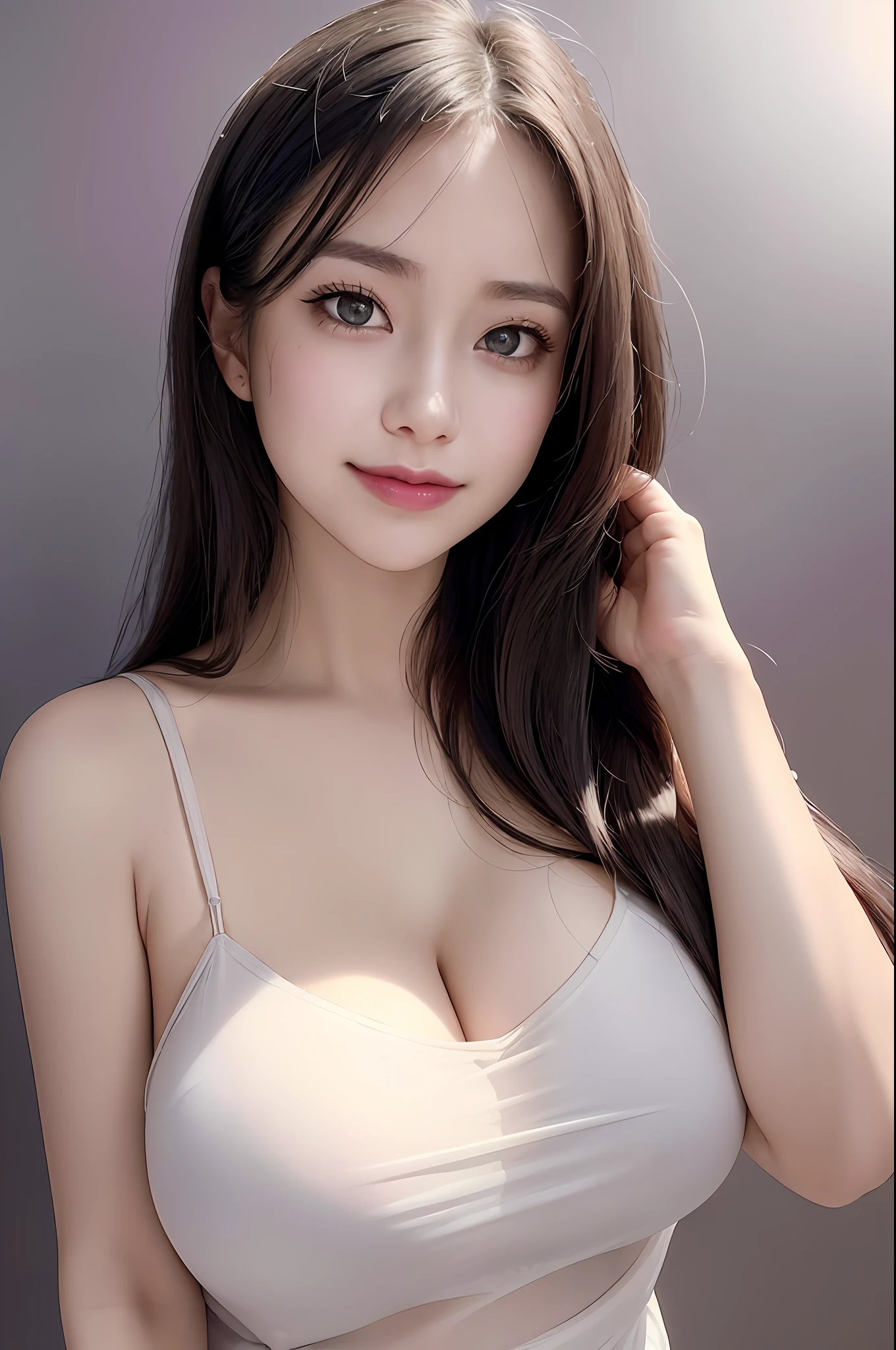 photo of a 18 y.o girl, beautiful vintage color, (photorealistic, high resolution:1.4), ((puffy eyes)), looking at viewer, , full body (8k, RAW photo, best quality, masterpiece:1.2), (realistic, photo-realistic:1.37), (sharp focus:1.2), professional lighting, photon mapping, radiosity, physically-based rendering, (pale skin), (huge breasts:1.275), looking at viewer, (middle hair:1.05), portrait, purple eyes, (sliver hair:1.1), bangs, (simple background:1.4), solo, upper body, (shiny skin:0.7), fashion girl, makeup, smile(skinny, closed mouth,shy:1.3), (wet see-through:0.5), sheer fabric(slip cami:1.5), standing, medium bust, sexy pose, (NSFW:1.2),