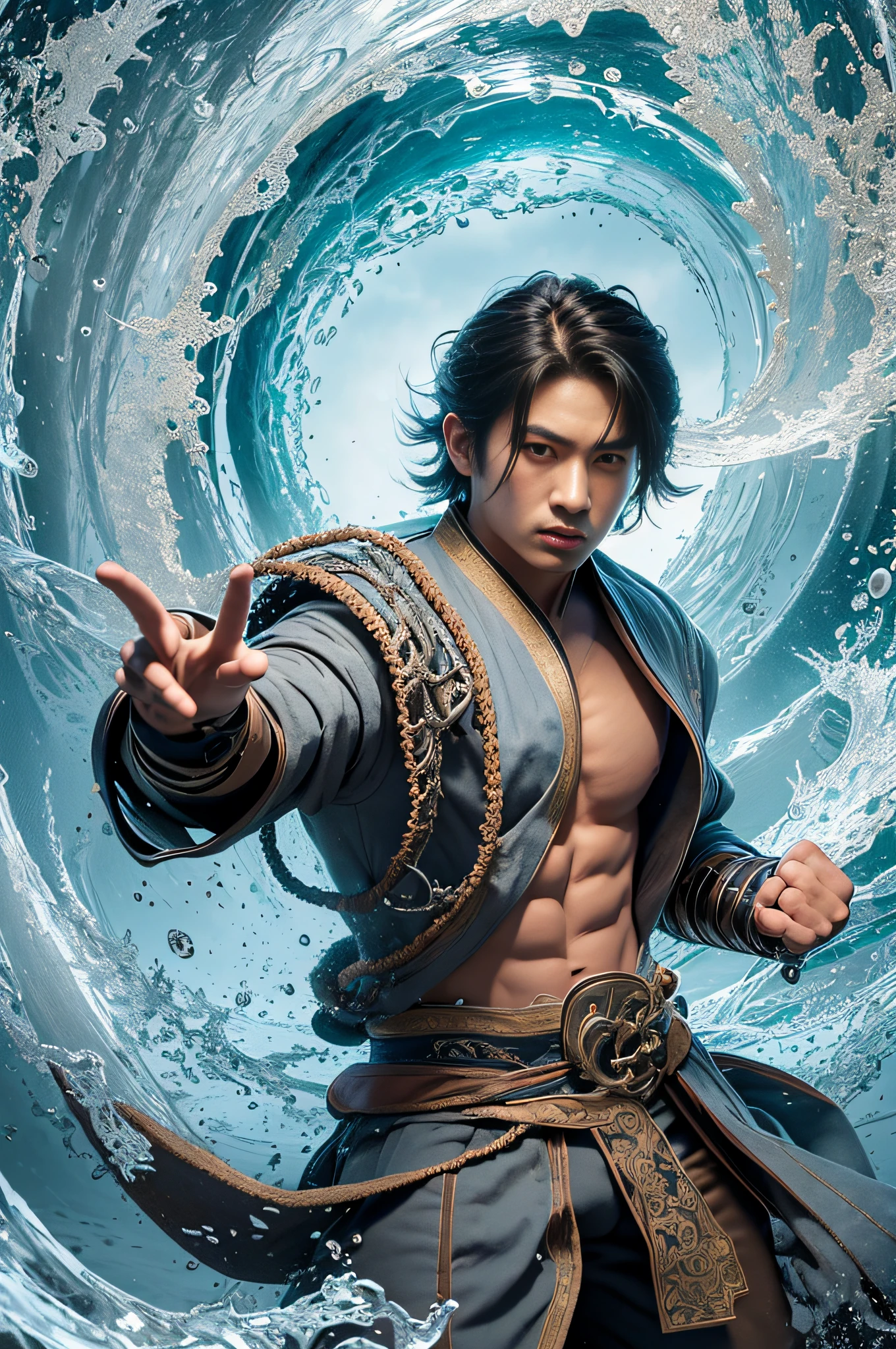 Best quality, masterpiece, super high resolution, hanfu, jade water book, black hair, water, waves, crashing waves, spells, fa gong, (absurd, high resolution, super detailed), Asian, 1 male, eighteen-year-old boy, handsome, tall muscular man, broad shoulders, very short hair, bottom cut, dark brown eyes, fine eyes and detailed face, extremely detailed CG Unity 8k wallpaper, intricate details, (Style Swirl Magic: 0.7), Looking at the Audience, Solo, (Full Body: 0.6), Detailed Background, Detailed Face, (European Medieval Fantasy Theme: 1.1), Hair Fluttering in the Wind, Martial Artist, Dynamic Pose, Combat Stance, Clenched Fists, Fingerless Gauntlet, Wristband, Dragon-themed Costume, Monk Robe, Rotating Floating Particles, Dynamic Composition, Upper Body Naked, Big Muscles, White Rubber Pants, ((((Crotch Bulge)))