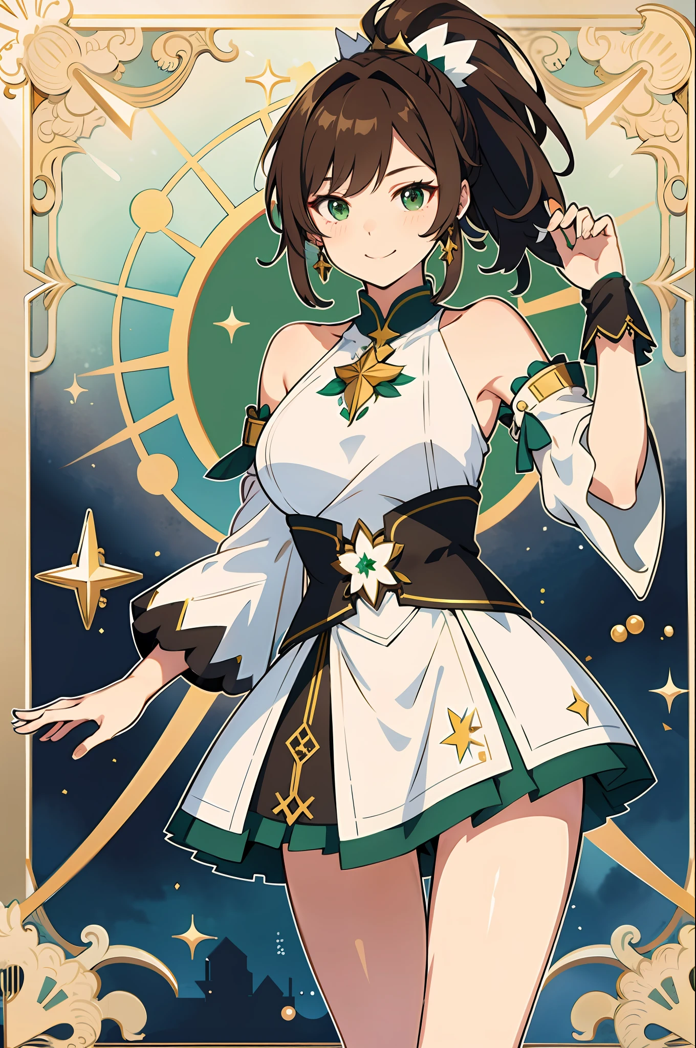 1girl, tingyun, honkai star rail, green eyes, bare shoulders, jewerly, ponytail, medium hair, brown hair, dress, large breasts, detached sleeves, standing, smile, tail